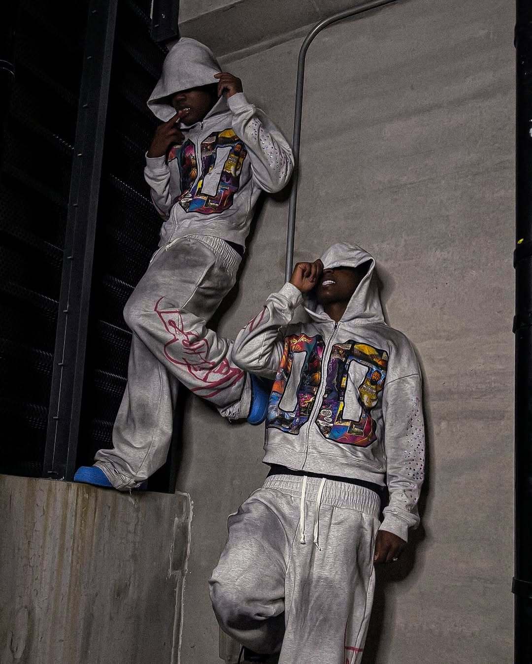 Faux Rhinestone Print Ombre Zip-Up Hoodie Set