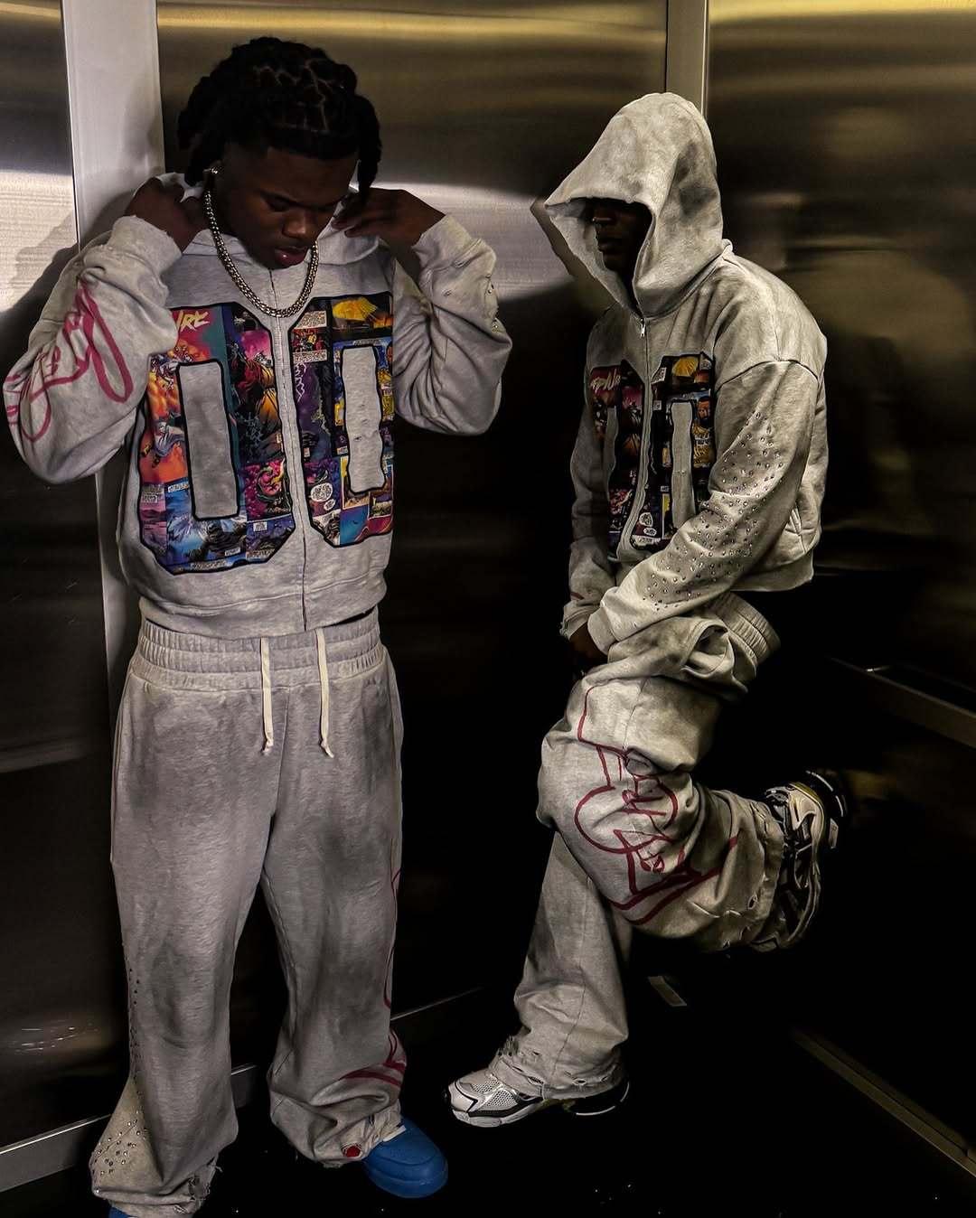 Faux Rhinestone Print Ombre Zip-Up Hoodie Set