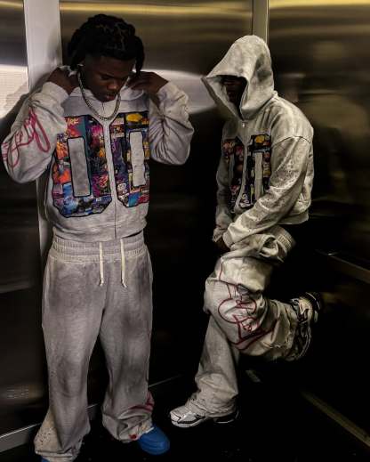 Faux Rhinestone Print Ombre Zip-Up Hoodie Set