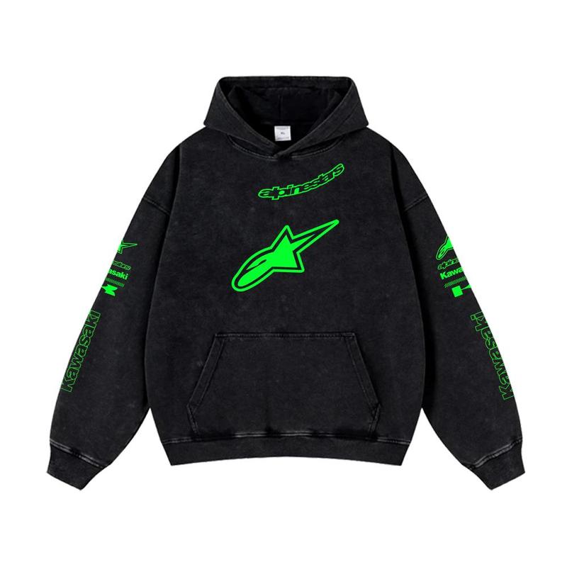 Retro Green Alpinestar Kawasaki Racing Washed Hoodie AGV Helmets 