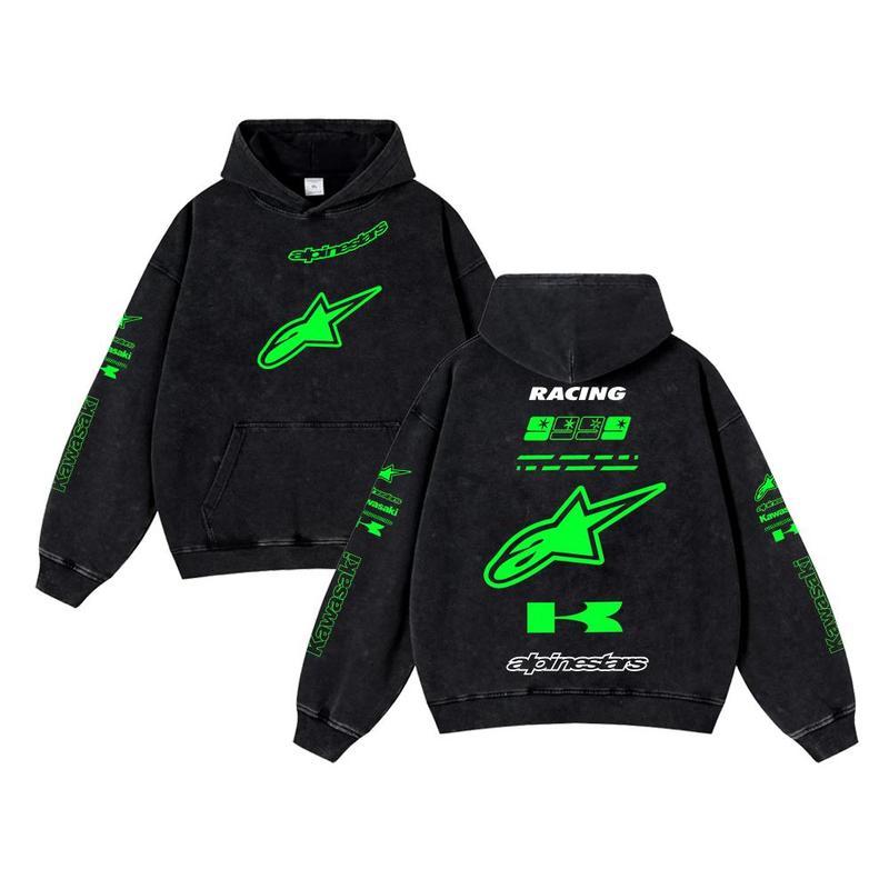 Retro Green Alpinestar Kawasaki Racing Washed Hoodie AGV Helmets 