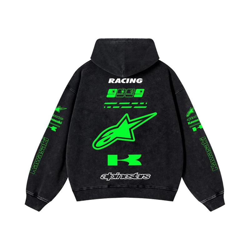 Retro Green Alpinestar Kawasaki Racing Washed Hoodie AGV Helmets 