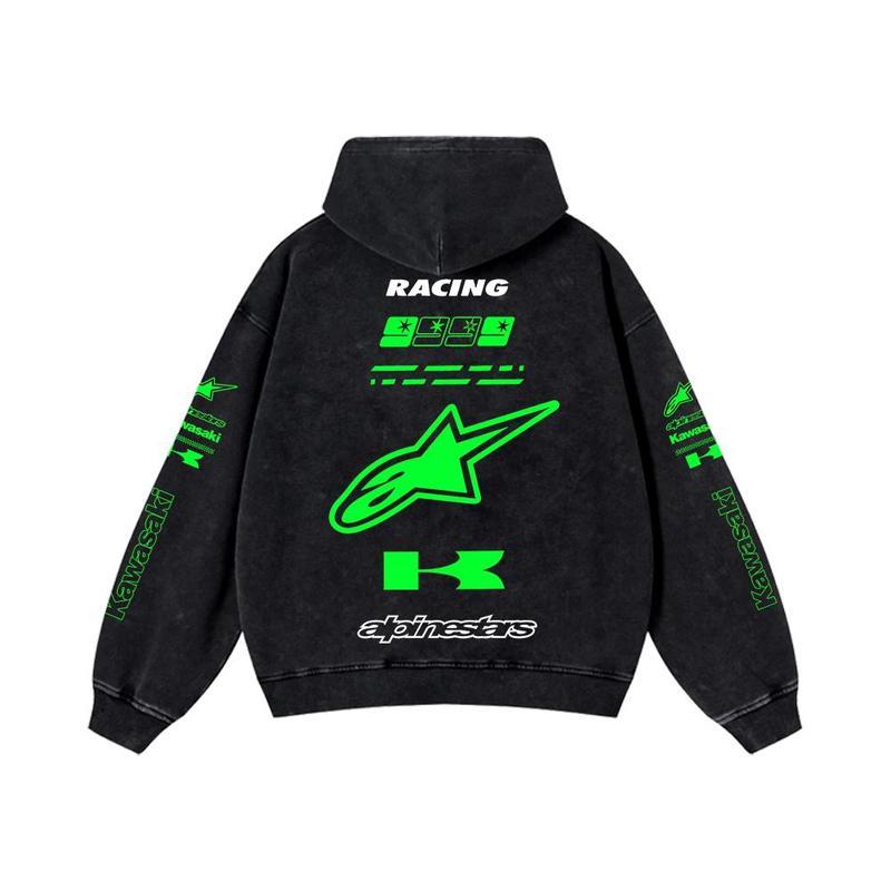 Retro Green Alpinestar Kawasaki Racing Washed Hoodie AGV Helmets 