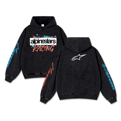 Retro Alpinestars Rad LS Racing Washed Hoodie MotoGP World Champion Enthusiast Apparel Streetwear Hann Spree Racing Team Super Motorsports Clothing Riders Motocross Off-Road Dirt Bike Fan Gear Cotton For Moto Fan