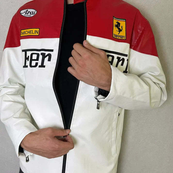 White Leather Racing Jacket – F1 Style