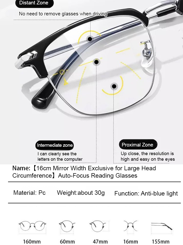 Temple hollows? 16cm frame + smart zoom presbyopic glasses—no more slipping/pressure!