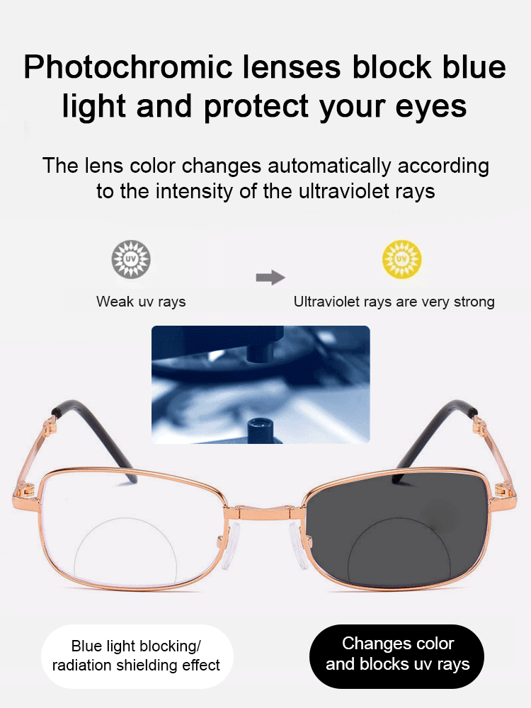 Automatic zoom from -7 to +7, blocks 99.9% of blue light, smart photochromic lenses automatically switch to sunglasses mode