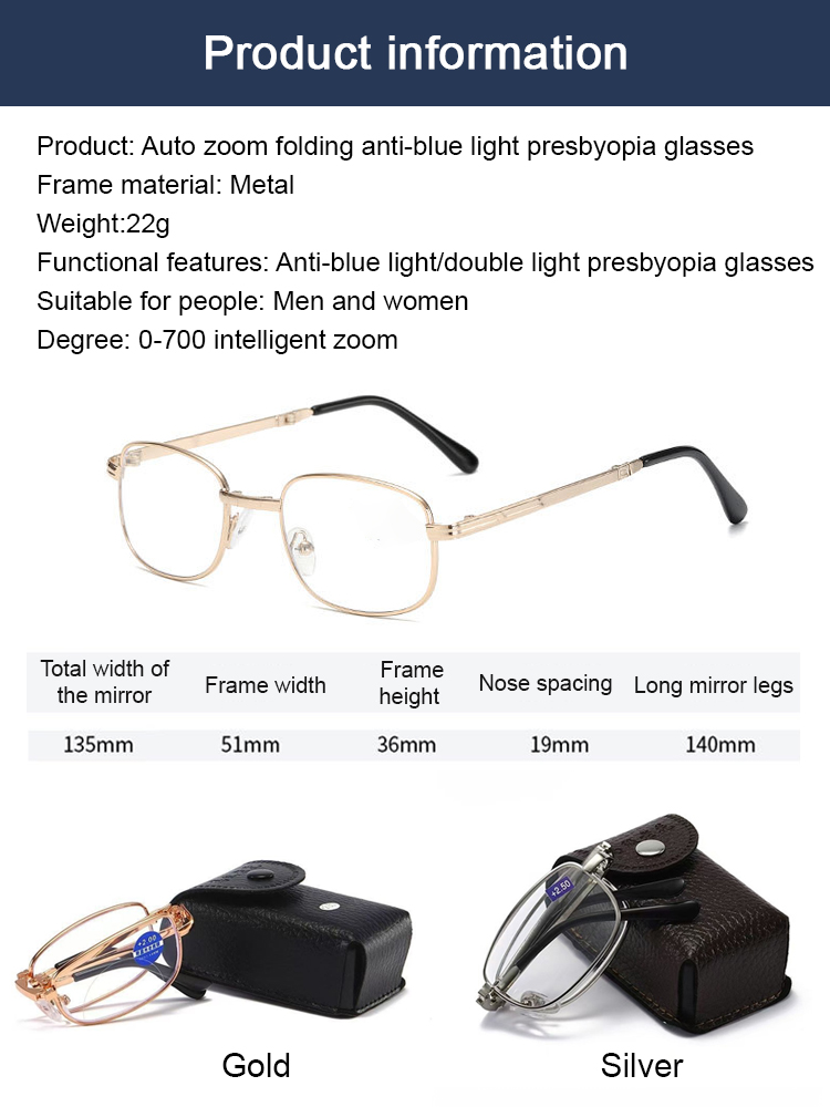 Automatic zoom from -7 to +7, blocks 99.9% of blue light, smart photochromic lenses automatically switch to sunglasses mode