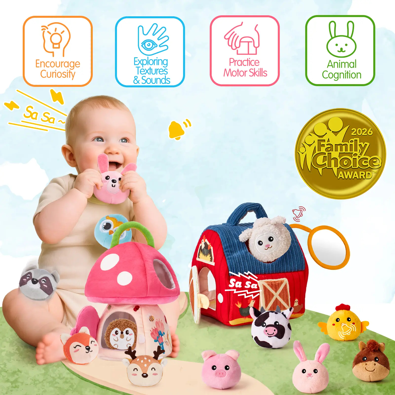 Surprise Barn with Stuffed Farm Animals/Bunny Mushroom:Rattle, Crinkle Paper, Mirror - Montessori Developmental toddler Toys,Farm Plush Toys for Babies Travel Toy,For 0-3 Months/6-12 Months gift Playpen Nursery