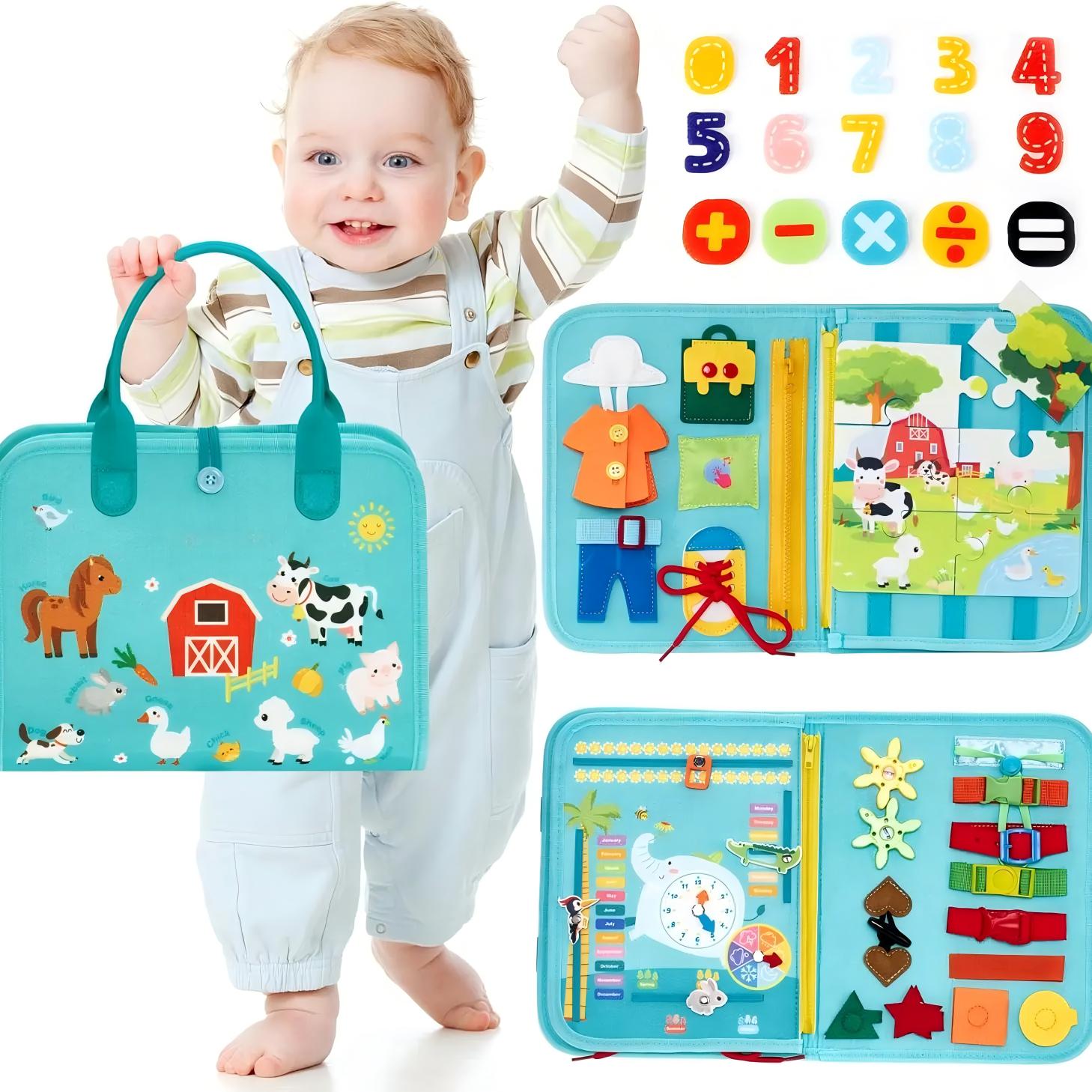  Preschool Busy Board, Unisex Montessori Felt Fabric Toy for Toddlers, Learning Activities for Fine Motor Skills, Portable Travel Book with Carry Handle, Carry Handle Makes Travel Play Easy