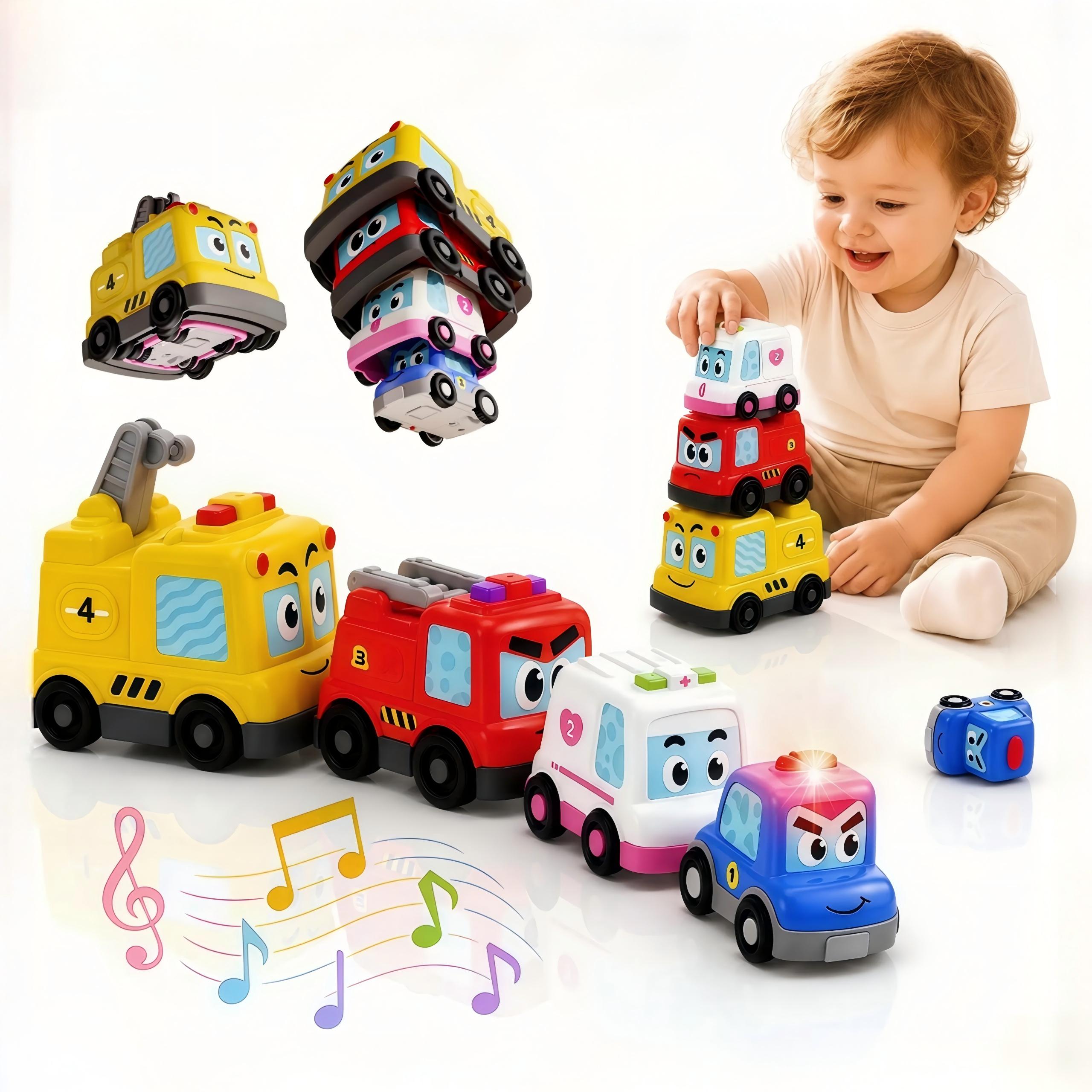 4 in 1 Montessori Toy Cars Set - Stacking Nesting Magnetic Following Toddler Toys 1-2, Sensory Toys with Lights, Music & Cars Toys