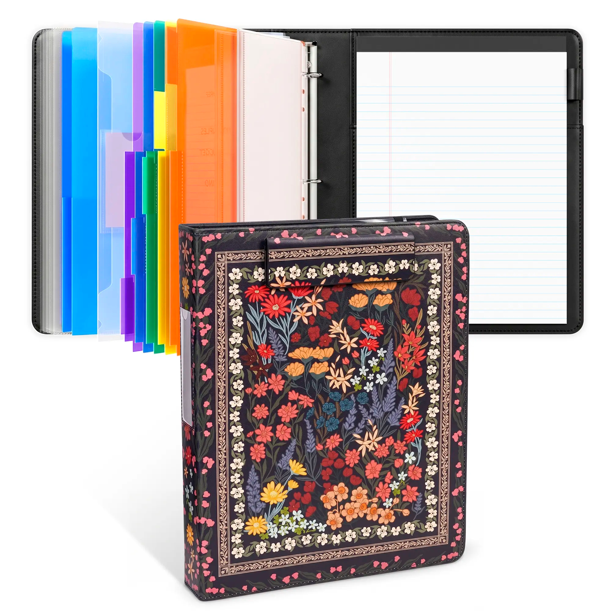 PU Leather 3-Ring Binder Clipboard with Storage & Magnetic Clip