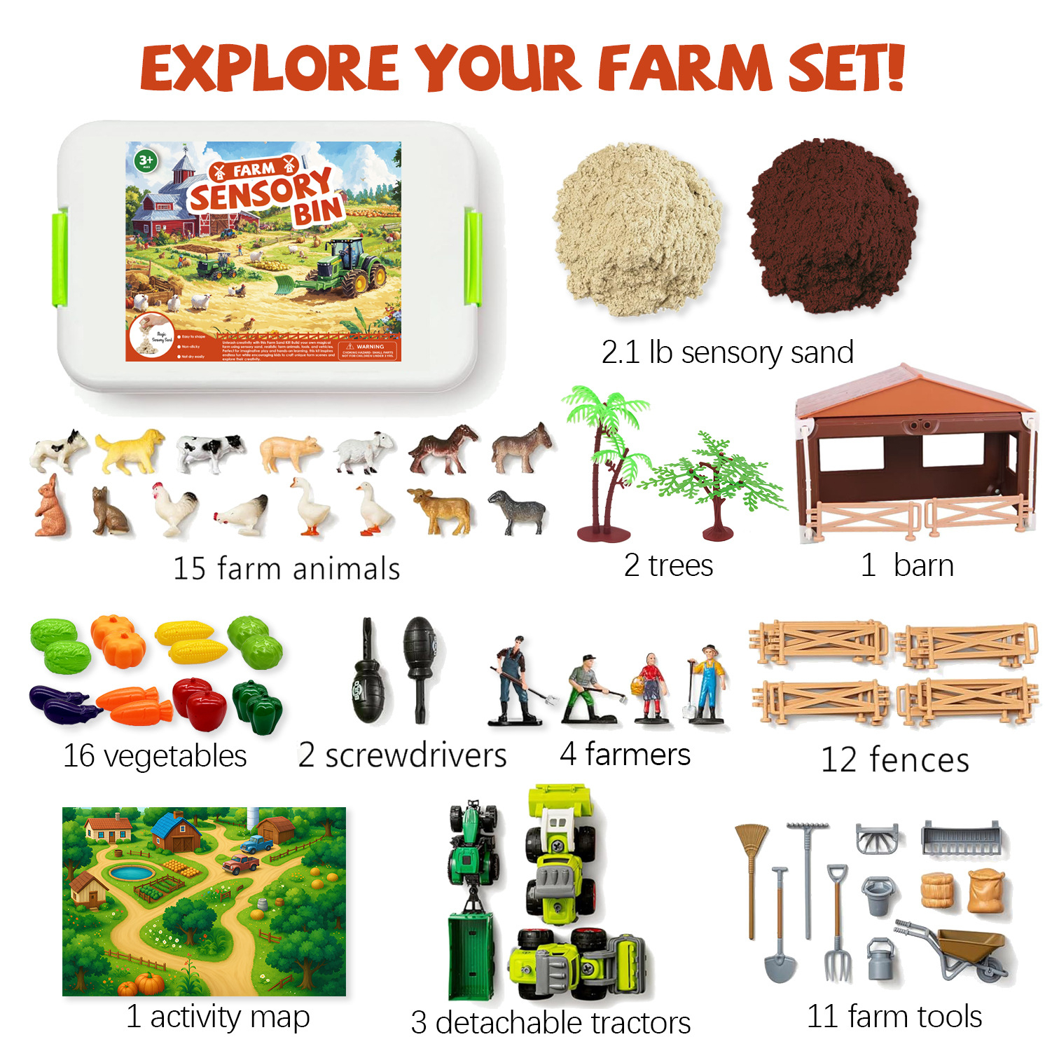 Construction Sensory Bin for Toddlers with Glow in The Dark Stones, Sandbox with Lid Castle Building kit.