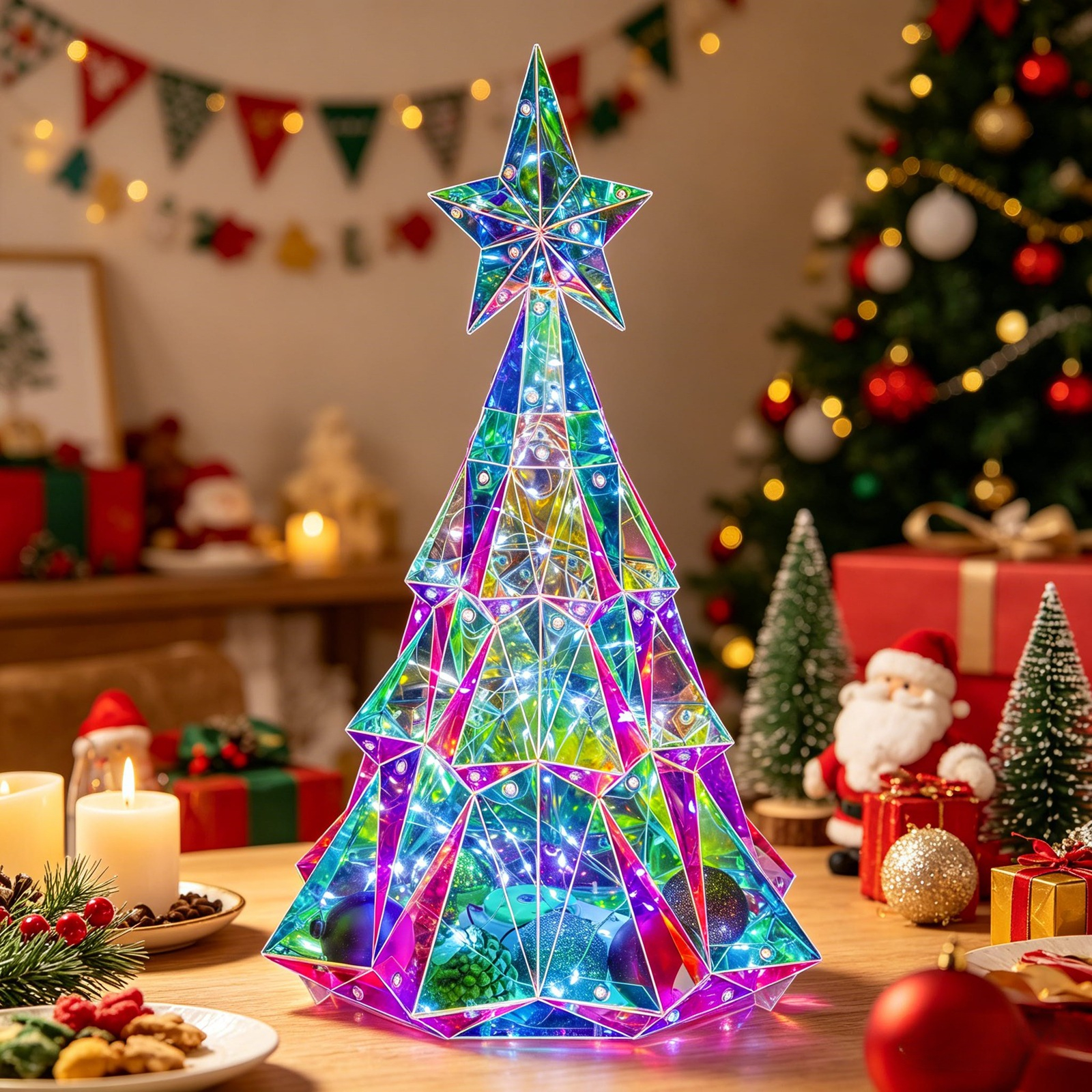 Holographic Christmas Tree, Desktop Decoration Tree with LED Lights, Prismatic Iridescent Christmas Tree Gift for Kids Girls Families Office Indoor Decorations