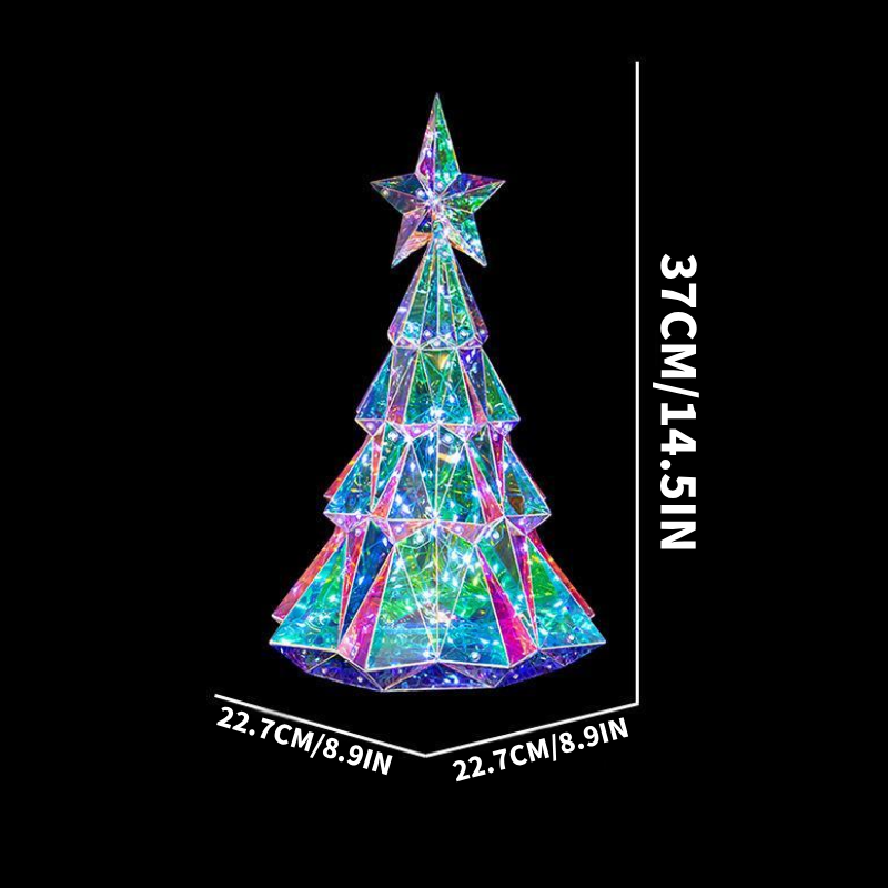Holographic Christmas Tree, Desktop Decoration Tree with LED Lights, Prismatic Iridescent Christmas Tree Gift for Kids Girls Families Office Indoor Decorations
