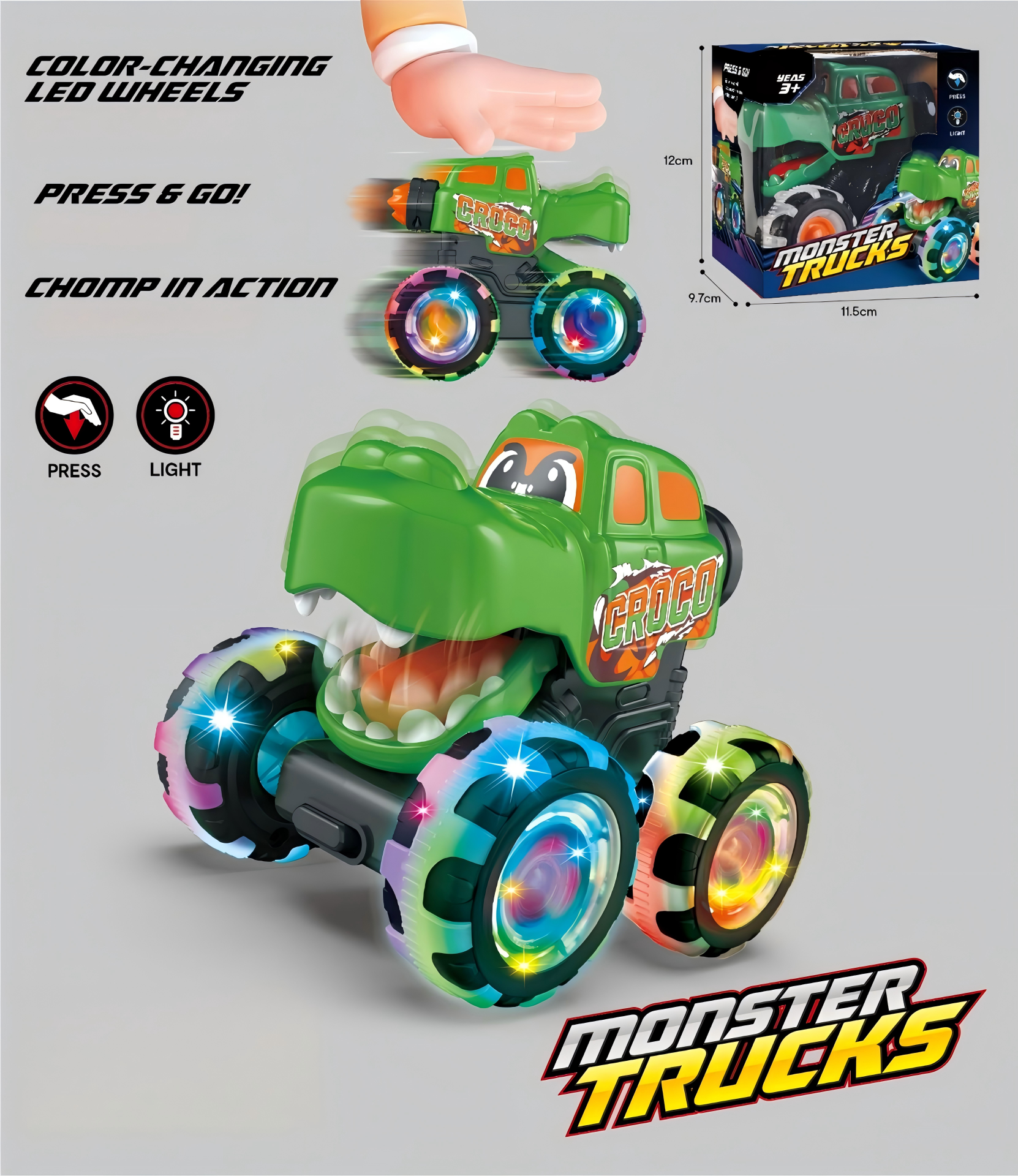 Monster Truck Toy Motion Activated Light-Up Cars Press & Go Cars for Boys Girls Baby Toy Present BUMP MONSTER TRUCK SET Ride On Car with LED Lights & Action