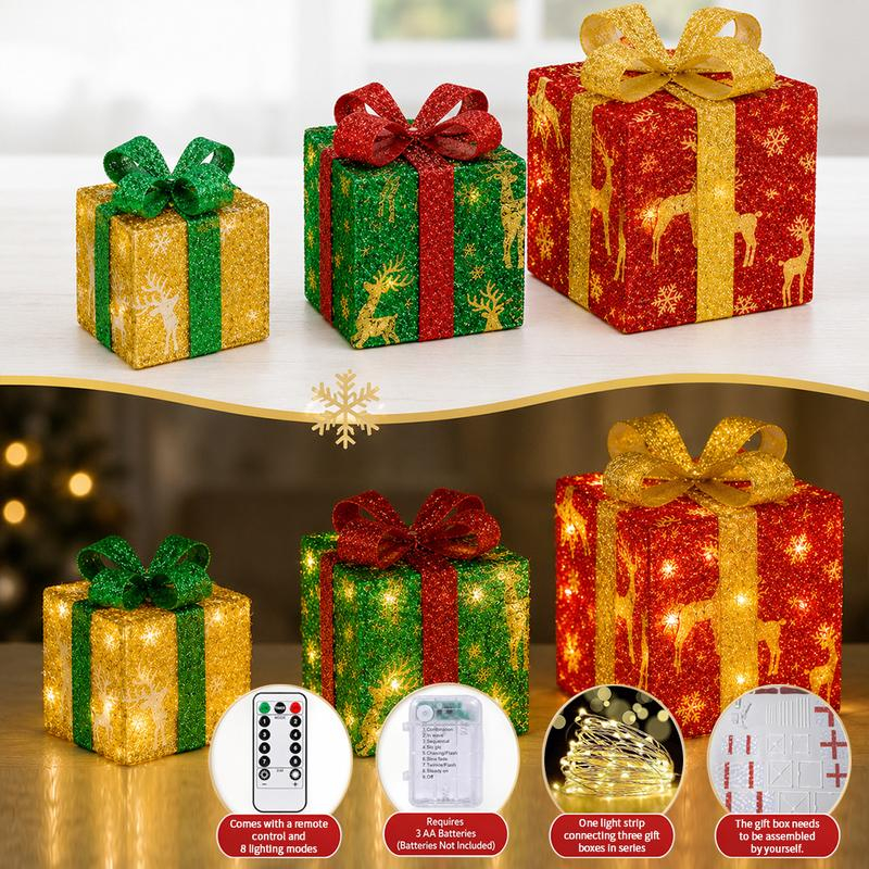 3pc Christmas Ornaments Gift Box LED Lanterns with Remote & Warm Light