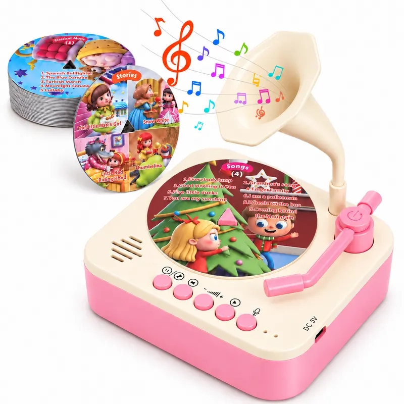 Mini Phonograph for Kids,with 24 Durable PVC Cards, 56 Stories, 14 Classical Music Pieces and 36 Nursery Rhymes,Toddler Record Player,Early Education Machine, Music Box ,Storyteller pop Speakers,Gift for Boys and Girls familyfun