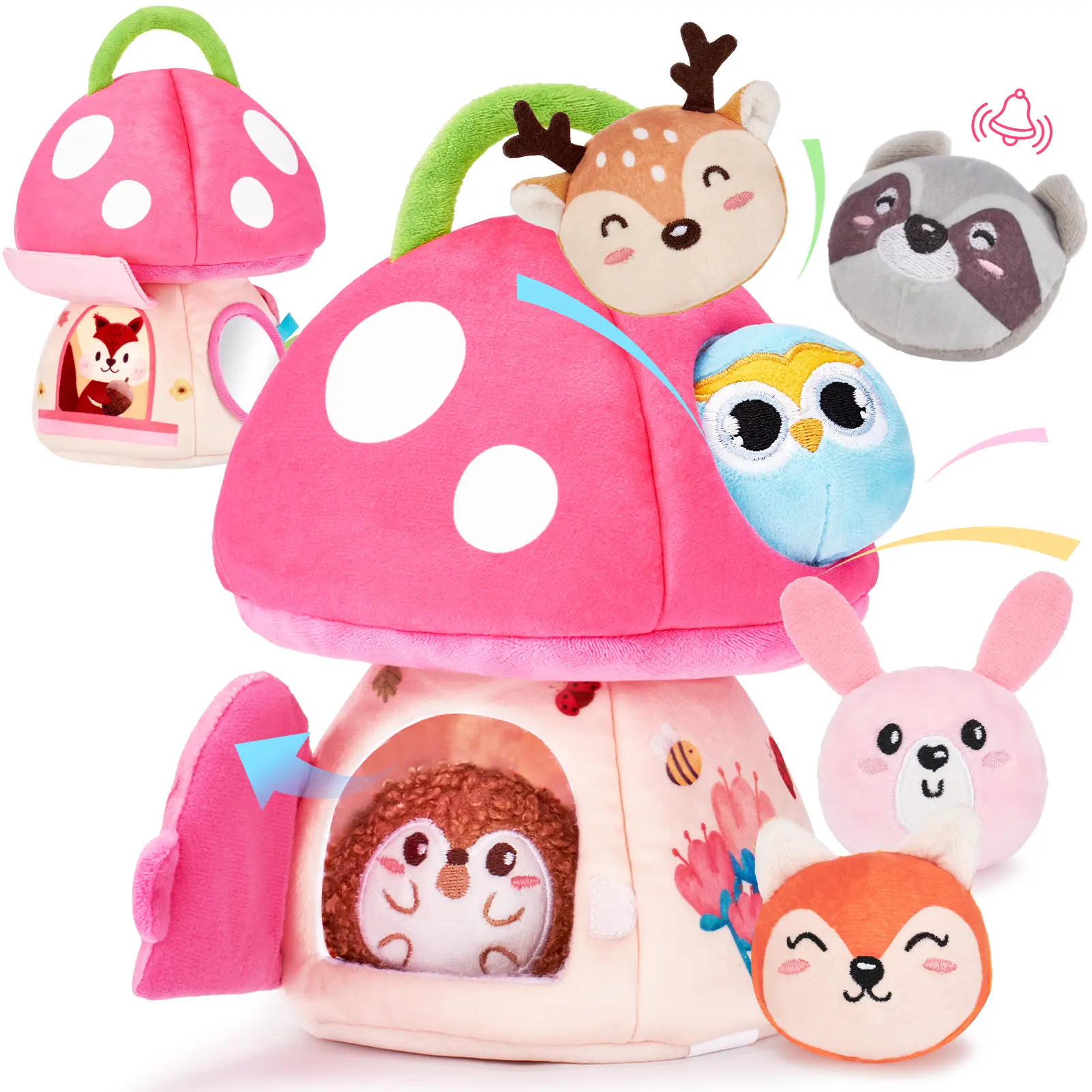Surprise Barn with Stuffed Farm Animals/Bunny Mushroom:Rattle, Crinkle Paper, Mirror - Montessori Developmental toddler Toys,Farm Plush Toys for Babies Travel Toy,For 0-3 Months/6-12 Months gift Playpen Nursery