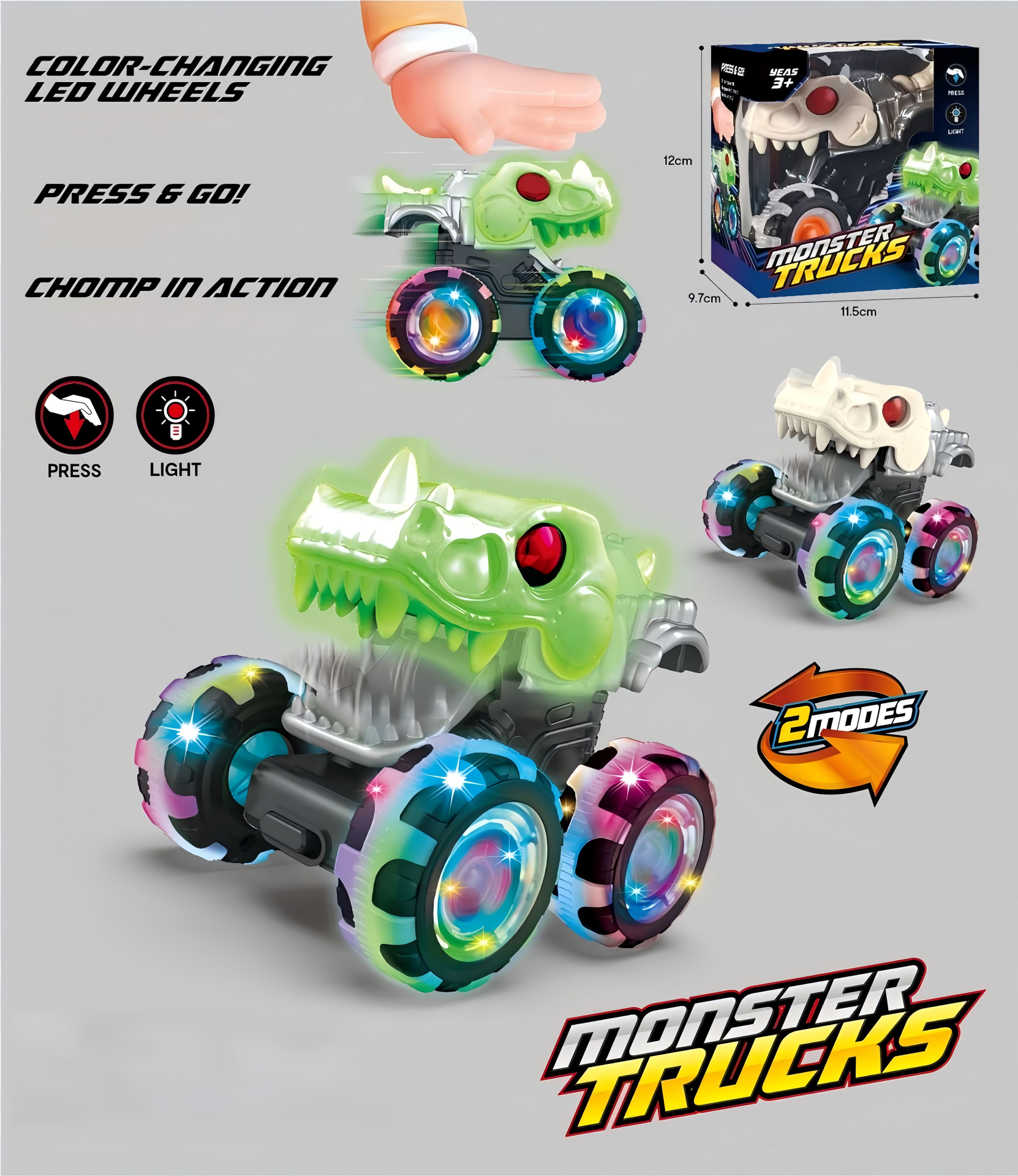 Monster Truck Toy Motion Activated Light-Up Cars Press & Go Cars for Boys Girls Baby Toy Present BUMP MONSTER TRUCK SET Ride On Car with LED Lights & Action
