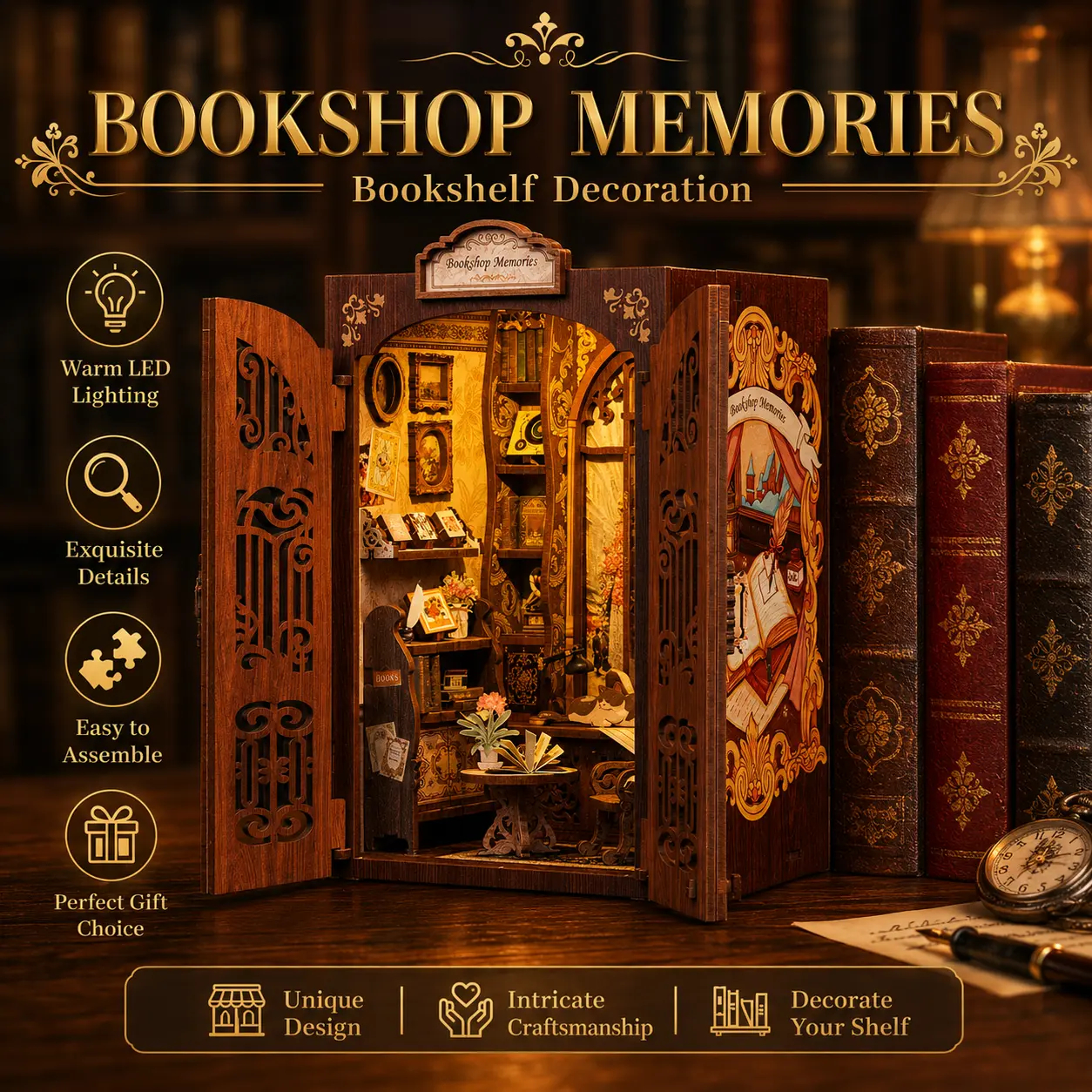 DIY Wooden Decorative Miniature Bookshelf with LED Lights - Whimsical, Aesthetic