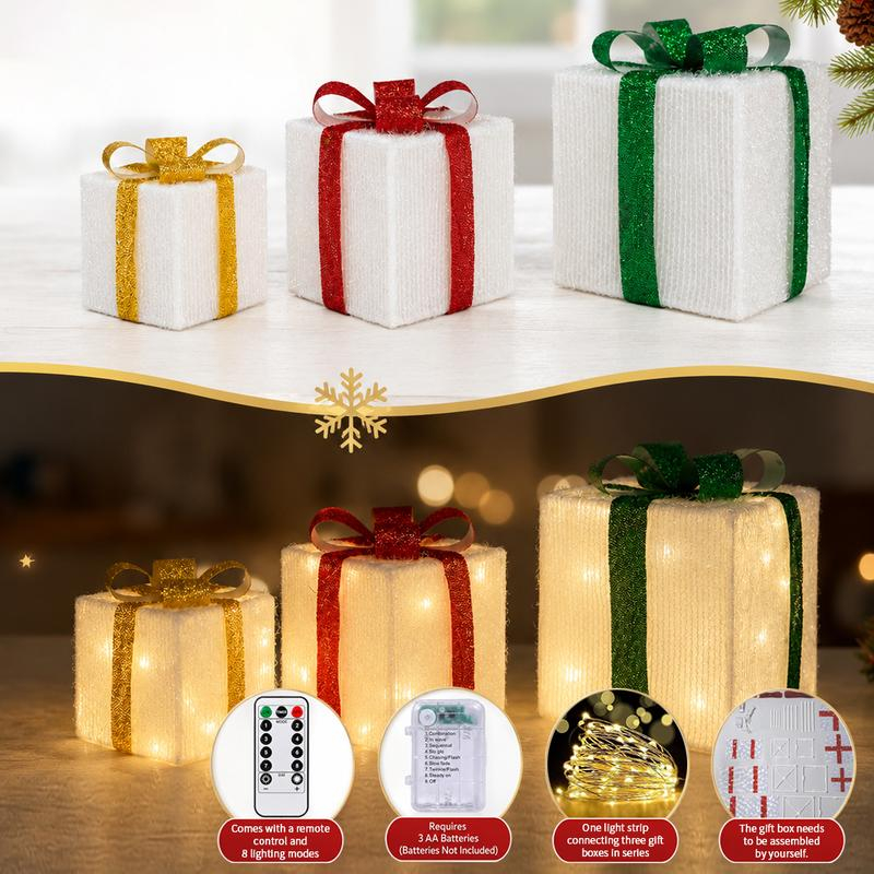 3pc Christmas Ornaments Gift Box LED Lanterns with Remote & Warm Light
