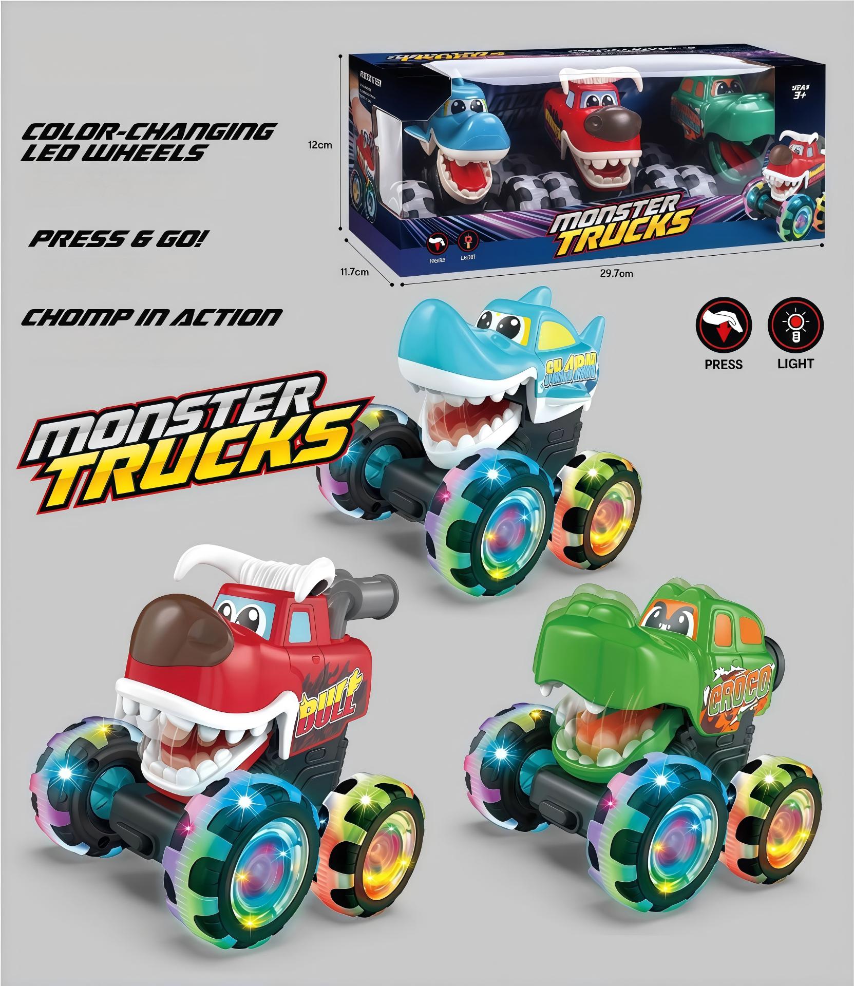 Monster Truck Toy Motion Activated Light-Up Cars Press & Go Cars for Boys Girls Baby Toy Present BUMP MONSTER TRUCK SET Ride On Car with LED Lights & Action
