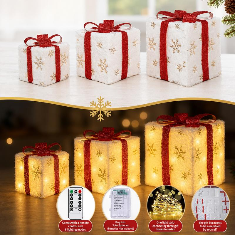 3pc Christmas Ornaments Gift Box LED Lanterns with Remote & Warm Light