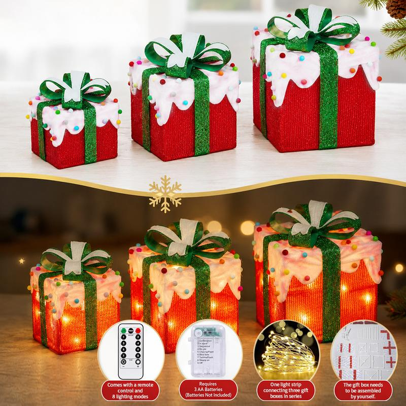 3pc Christmas Ornaments Gift Box LED Lanterns with Remote & Warm Light