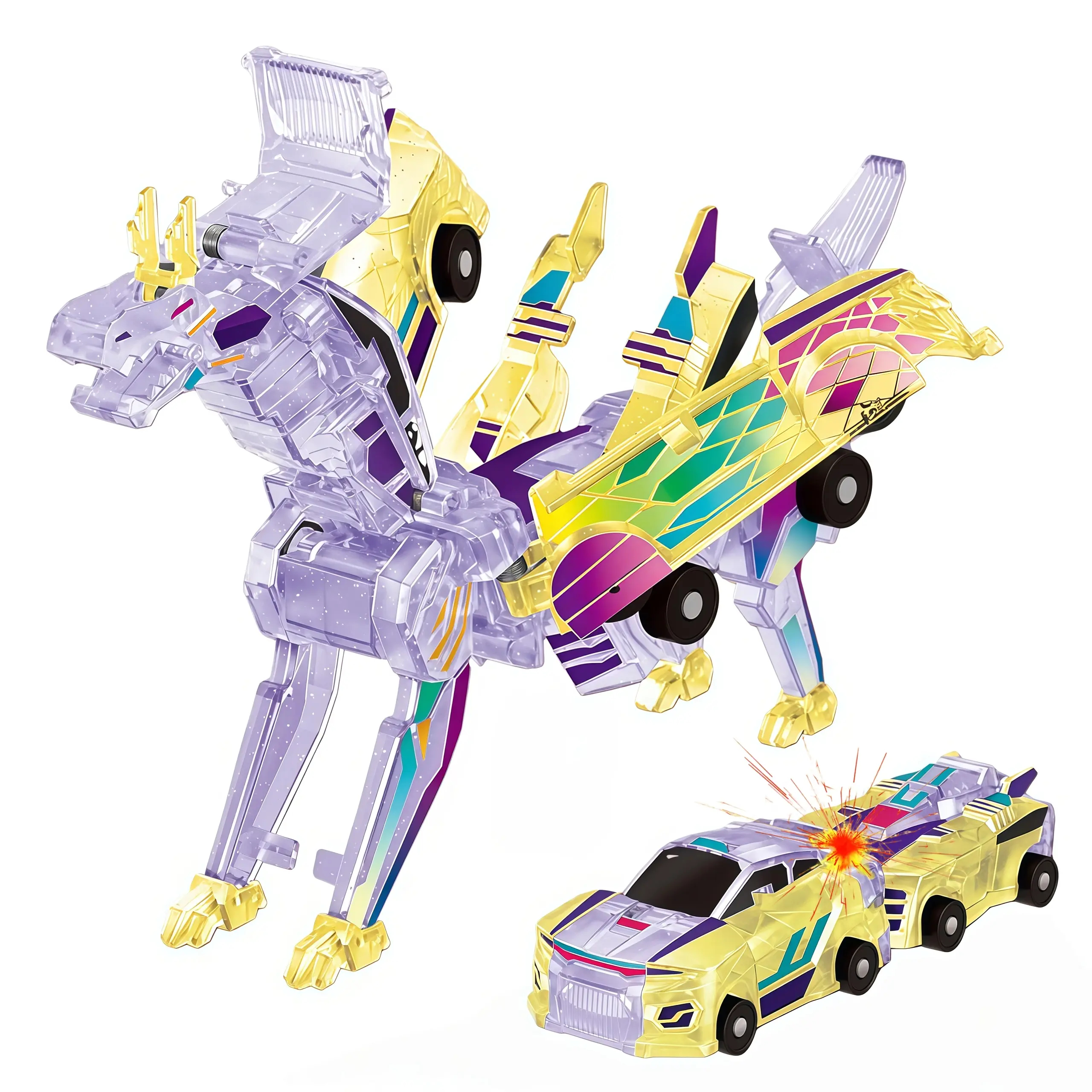 Magnetic Dinosaur Transformer Car Toy, 2-in-1 Magnetic Cars That Transform into Flying Dragon Deer and Unicorn, Automatic Collision Transforming Toy, Fun STEM Toy