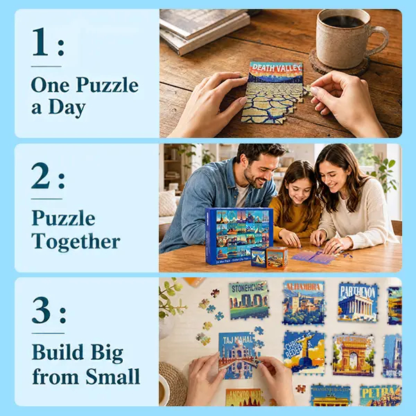 Travel Series, 24 Mini Pack 1000 Pieces Jigsaw Puzzle, 8 Puzzle Stickers, 3 Themes: National Parks, World Heritage, Global City Tour, Daily Puzzle, Family Game Night, Finished Size 27.5 x 19.7 in