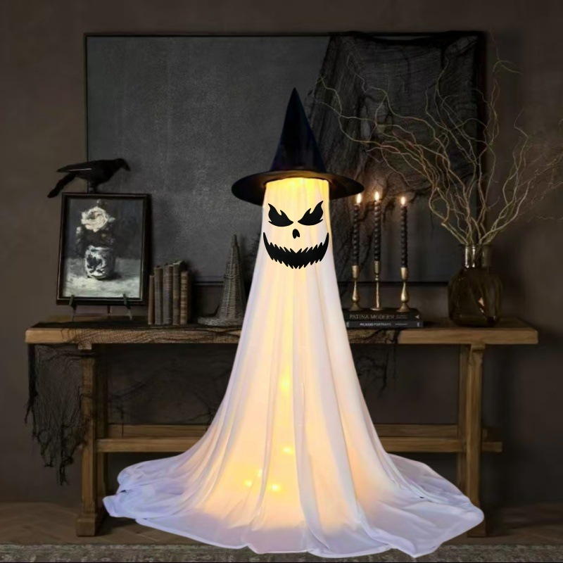 Halloween Spooky Lighted Ghost Decor Set, Indoor Outdoor Decorative Wind-Resistant Party Decoration Set with String Lights, Waterbags & Hats for Porch Yard, Lighted Party,sohochic