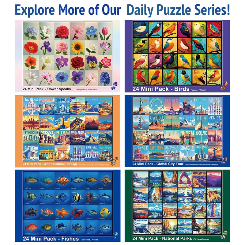 Travel Series, 24 Mini Pack 1000 Pieces Jigsaw Puzzle, 8 Puzzle Stickers, 3 Themes: National Parks, World Heritage, Global City Tour, Daily Puzzle, Family Game Night, Finished Size 27.5 x 19.7 in