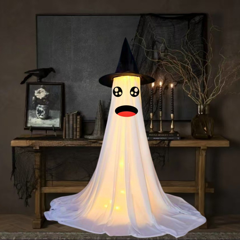Halloween Spooky Lighted Ghost Decor Set, Indoor Outdoor Decorative Wind-Resistant Party Decoration Set with String Lights, Waterbags & Hats for Porch Yard, Lighted Party,sohochic