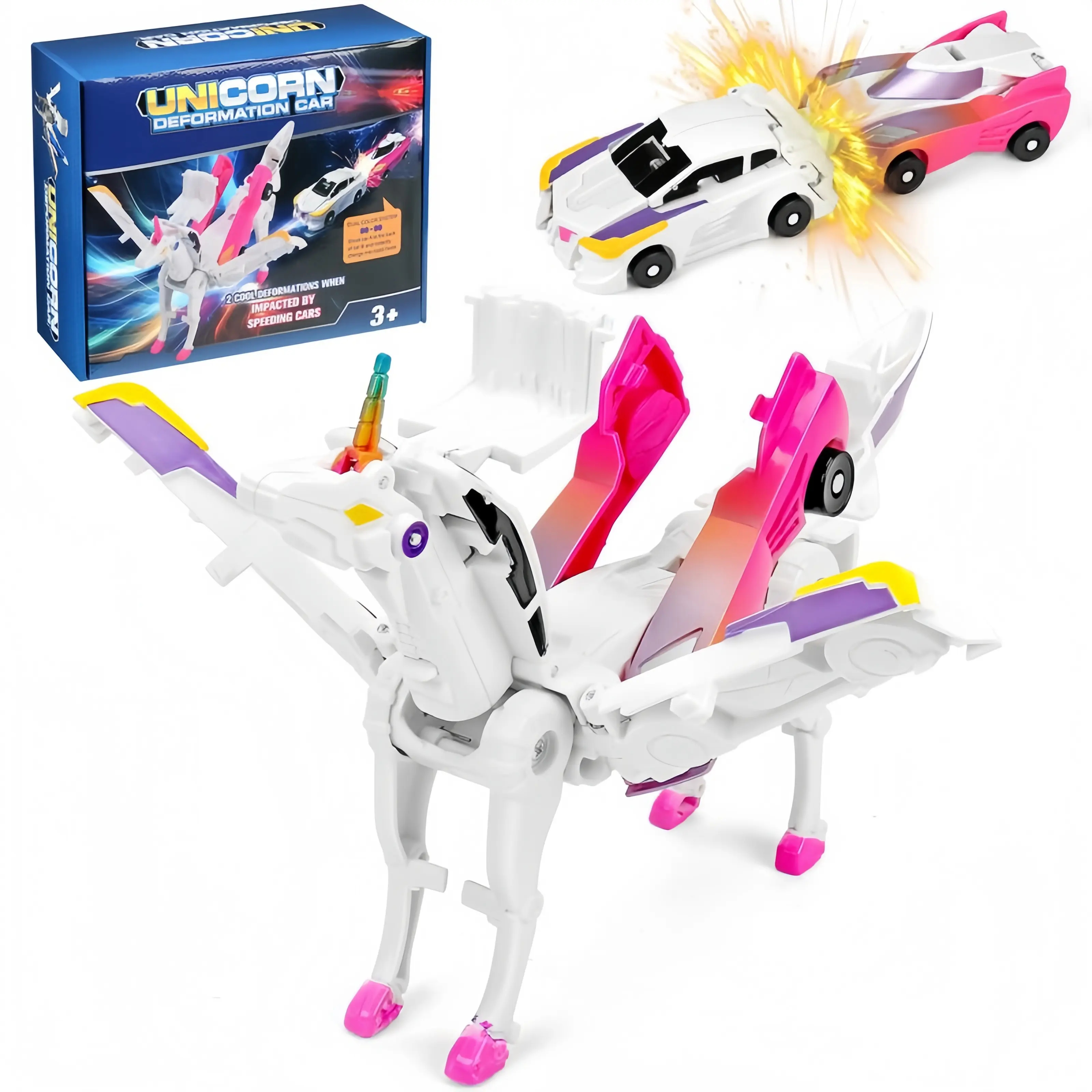 Magnetic Dinosaur Transformer Car Toy, 2-in-1 Magnetic Cars That Transform into Flying Dragon Deer and Unicorn, Automatic Collision Transforming Toy, Fun STEM Toy