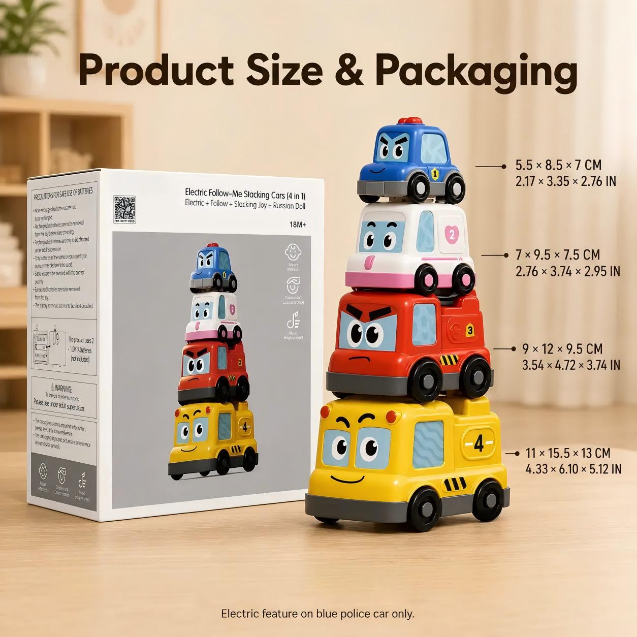 4 in 1 Montessori Toy Cars Set - Stacking Nesting Magnetic Following Toddler Toys 1-2, Sensory Toys with Lights, Music & Cars Toys