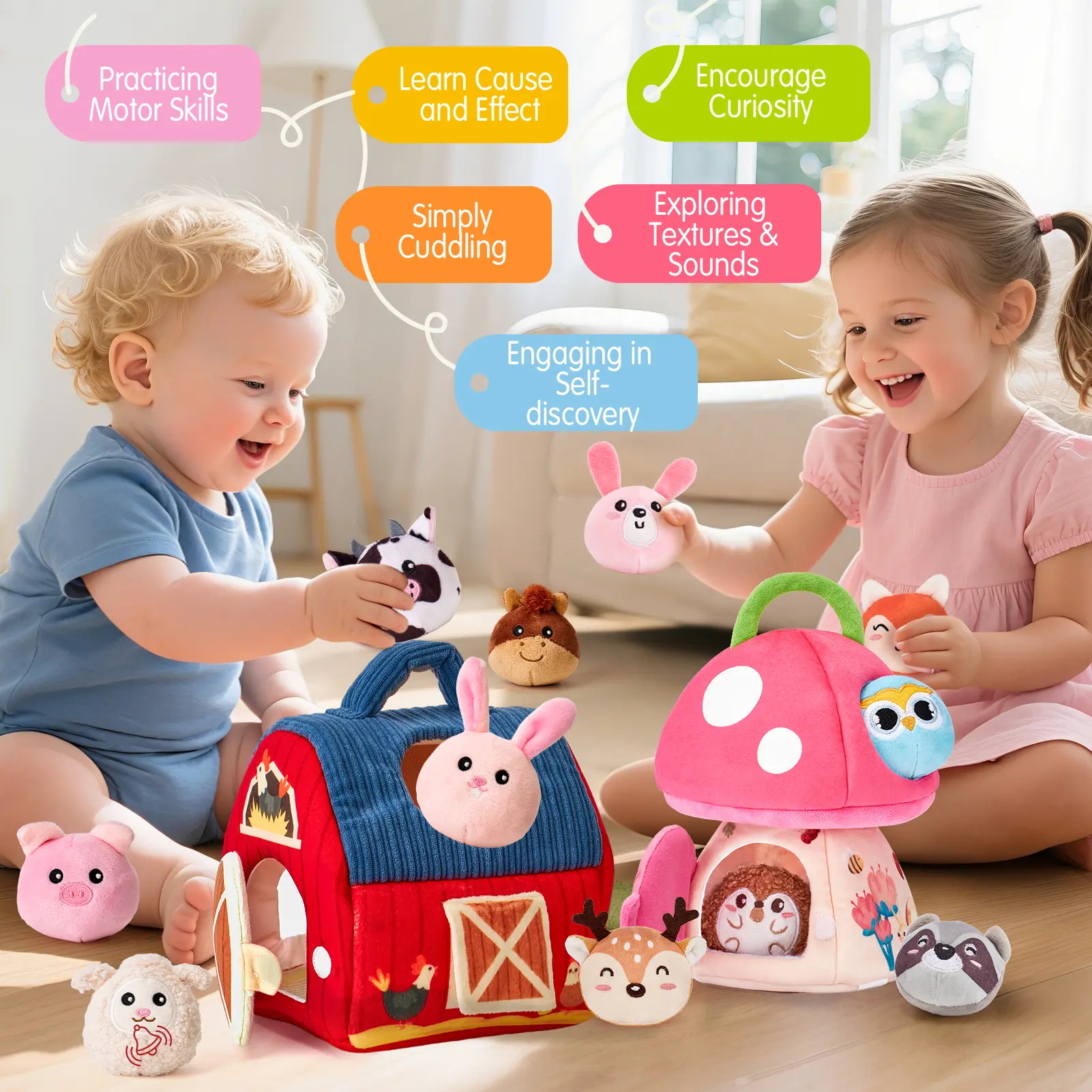 Surprise Barn with Stuffed Farm Animals/Bunny Mushroom:Rattle, Crinkle Paper, Mirror - Montessori Developmental toddler Toys,Farm Plush Toys for Babies Travel Toy,For 0-3 Months/6-12 Months gift Playpen Nursery