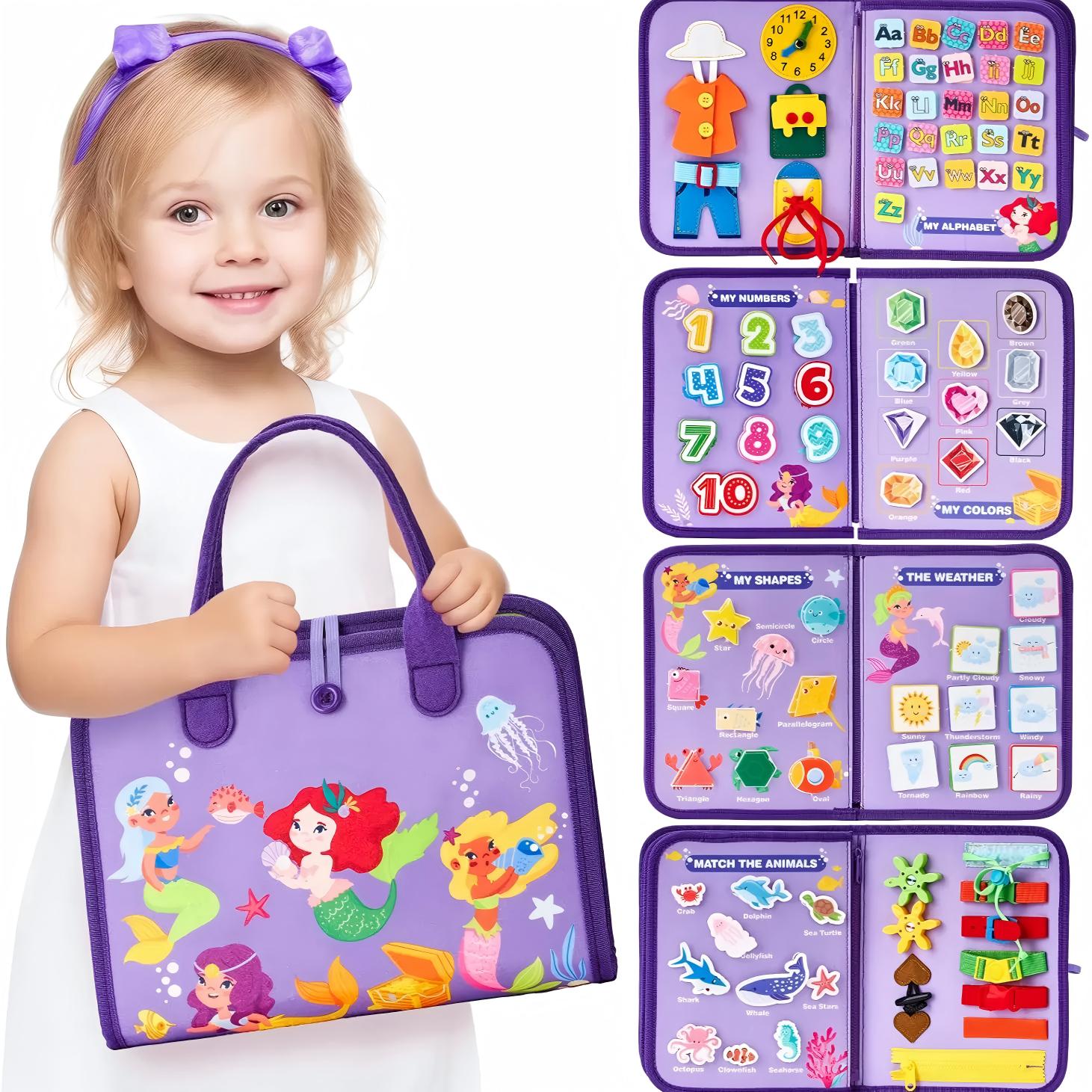  Preschool Busy Board, Unisex Montessori Felt Fabric Toy for Toddlers, Learning Activities for Fine Motor Skills, Portable Travel Book with Carry Handle, Carry Handle Makes Travel Play Easy