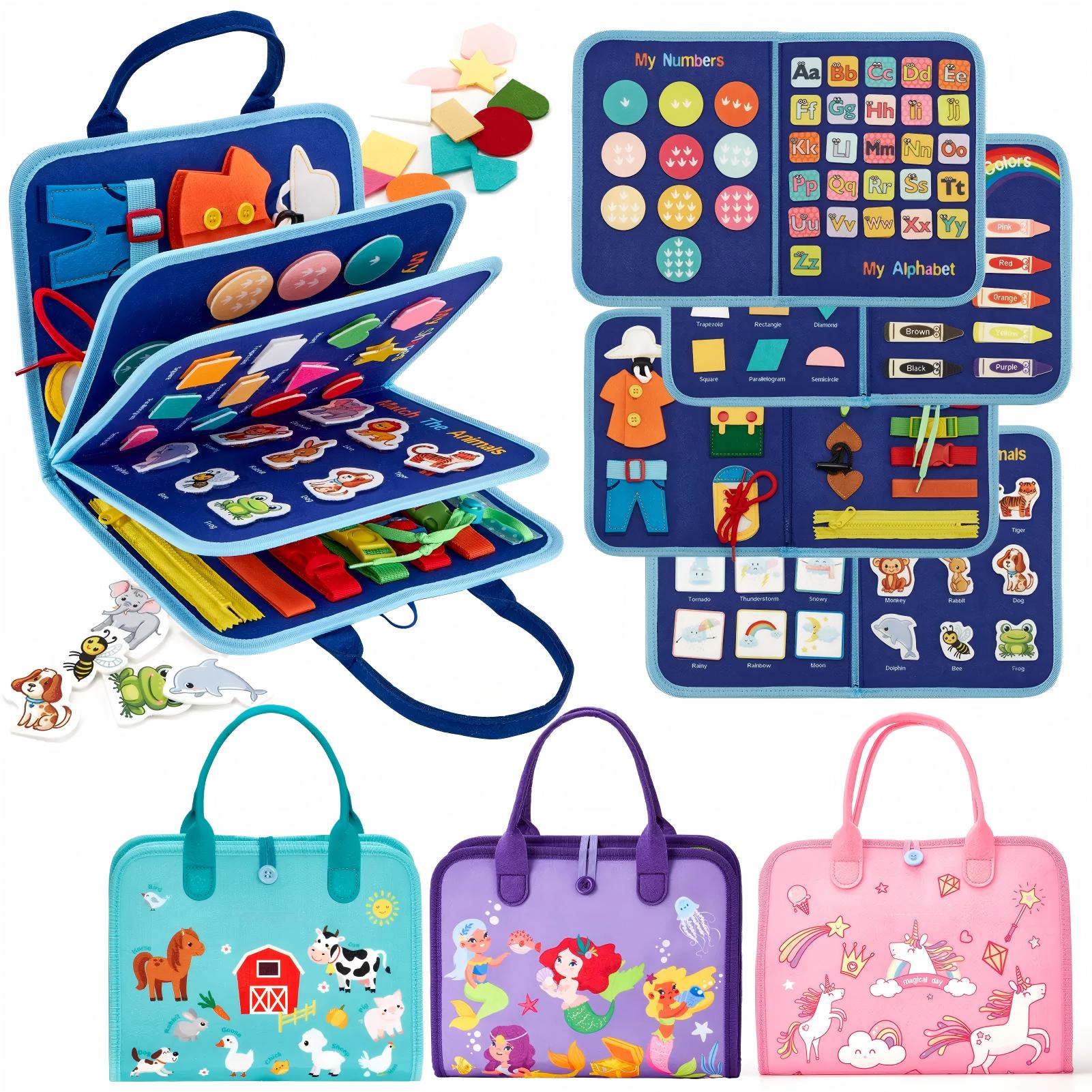  Preschool Busy Board, Unisex Montessori Felt Fabric Toy for Toddlers, Learning Activities for Fine Motor Skills, Portable Travel Book with Carry Handle, Carry Handle Makes Travel Play Easy