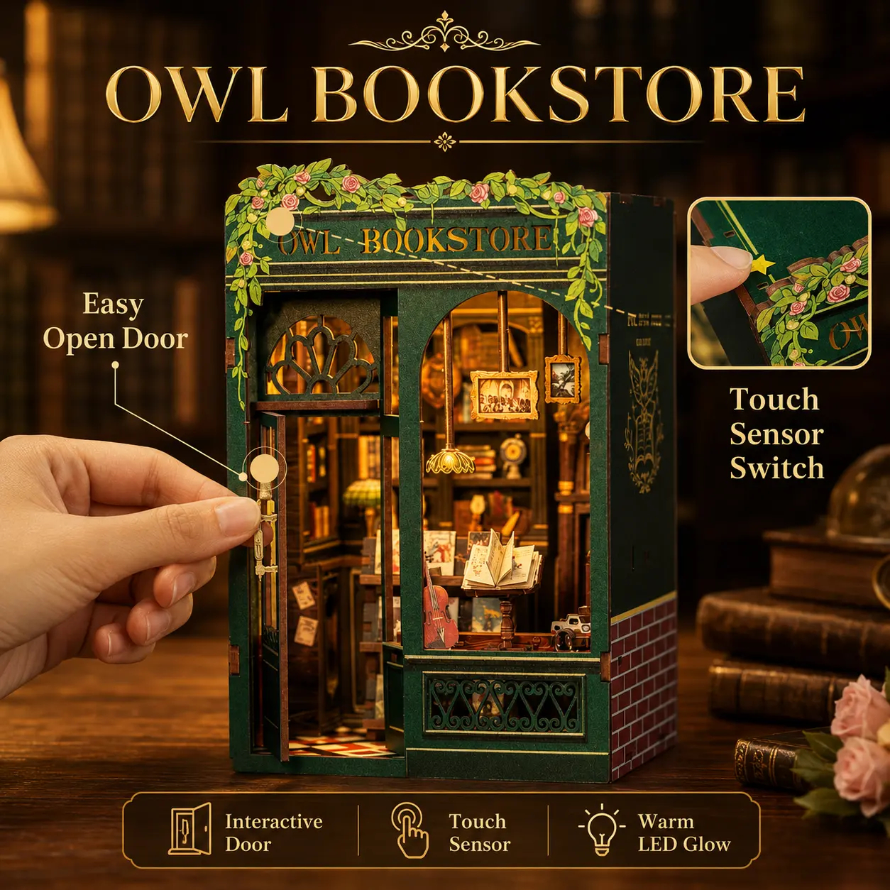 DIY Wooden Decorative Miniature Bookshelf with LED Lights - Whimsical, Aesthetic