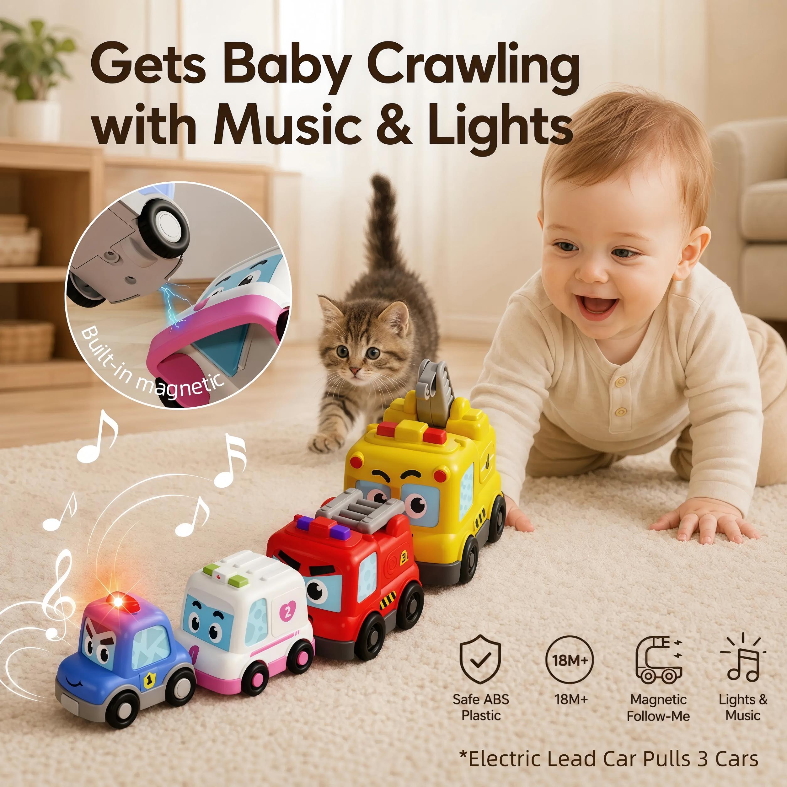 4 in 1 Montessori Toy Cars Set - Stacking Nesting Magnetic Following Toddler Toys 1-2, Sensory Toys with Lights, Music & Cars Toys