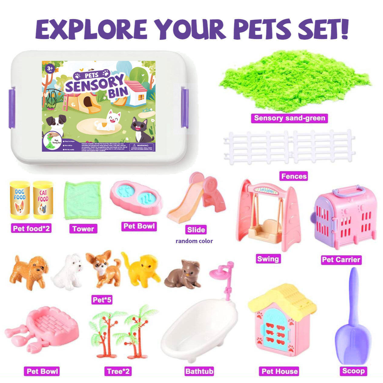 Construction Sensory Bin for Toddlers with Glow in The Dark Stones, Sandbox with Lid Castle Building kit.