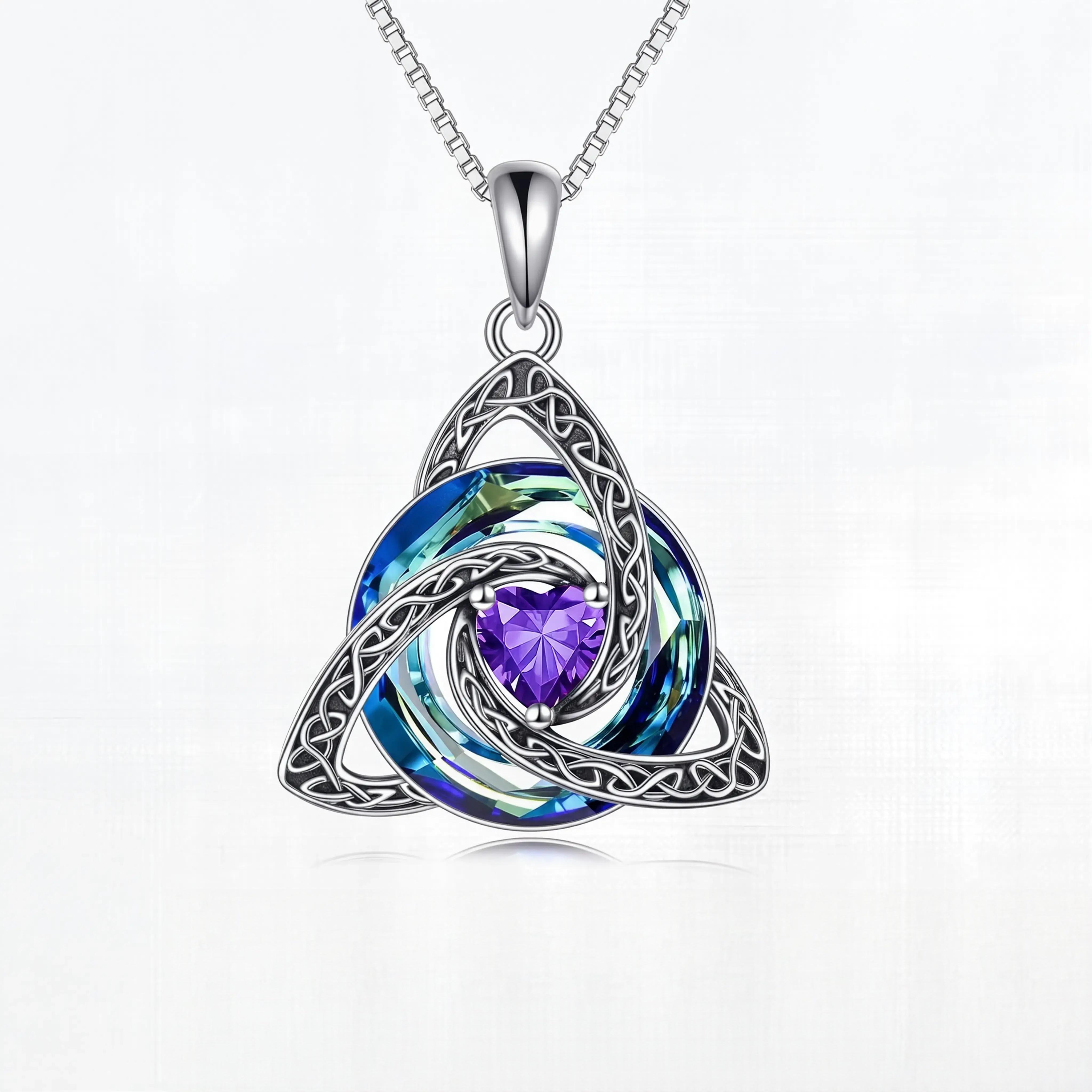 Women's Birthstone Celtic Knot Necklace - Silver-Plated Copper Triquetra Crystal Pendant, Adjustable Chain, Irish-Scottish Faith Love Unity Jewelry Gift for Mom (Birthday)
