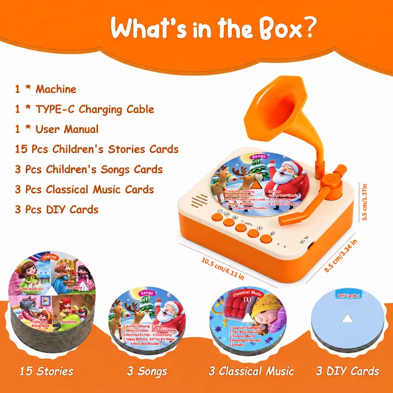 Mini Phonograph for Kids,with 24 Durable PVC Cards, 56 Stories, 14 Classical Music Pieces and 36 Nursery Rhymes,Toddler Record Player,Early Education Machine, Music Box ,Storyteller pop Speakers,Gift for Boys and Girls familyfun