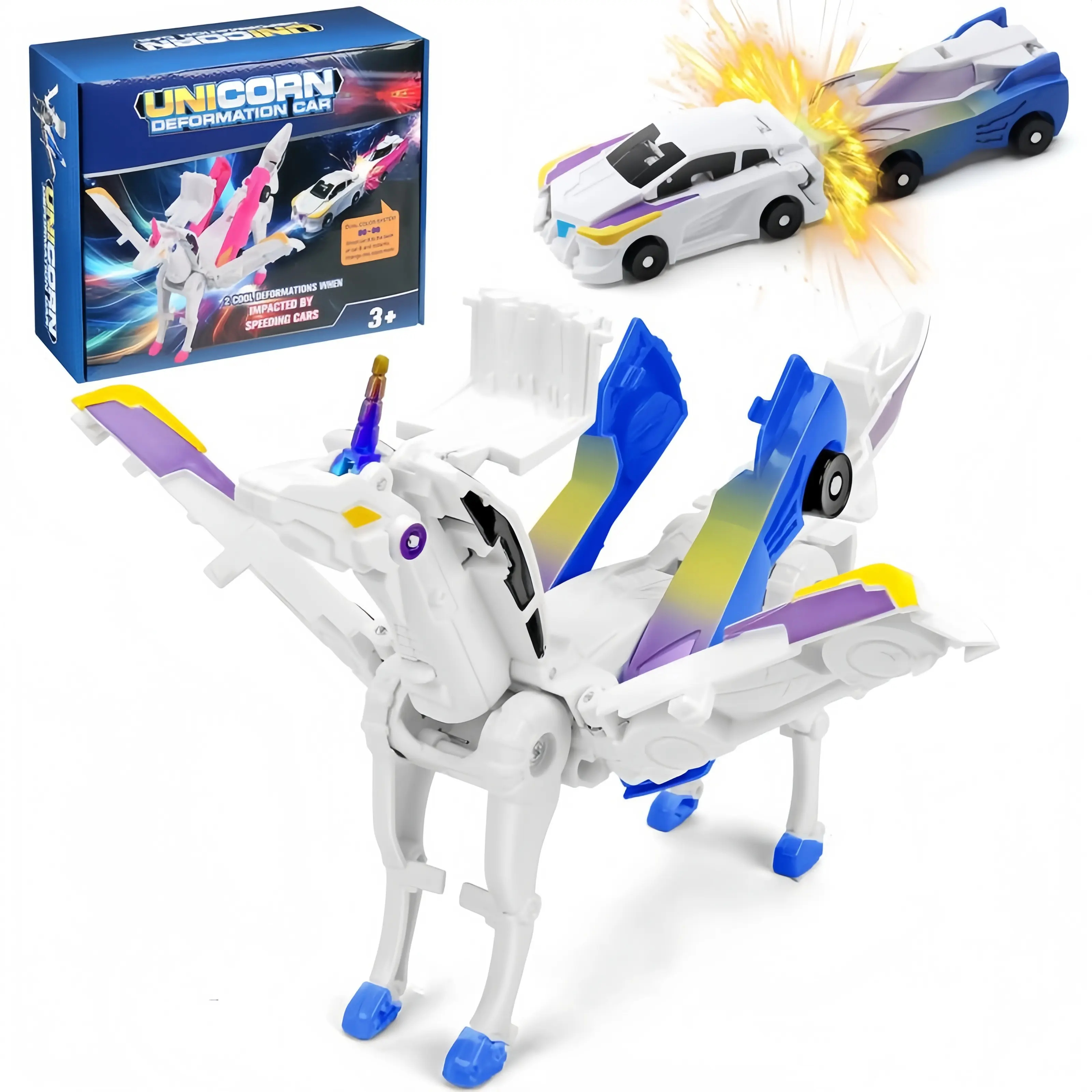 Magnetic Dinosaur Transformer Car Toy, 2-in-1 Magnetic Cars That Transform into Flying Dragon Deer and Unicorn, Automatic Collision Transforming Toy, Fun STEM Toy