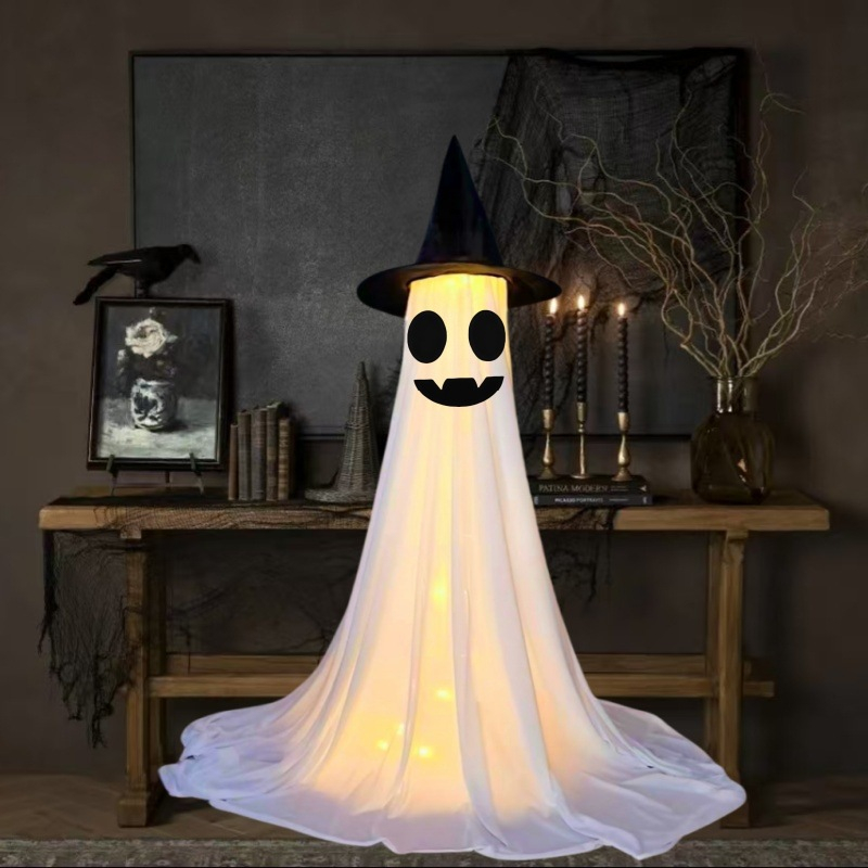 Halloween Spooky Lighted Ghost Decor Set, Indoor Outdoor Decorative Wind-Resistant Party Decoration Set with String Lights, Waterbags & Hats for Porch Yard, Lighted Party,sohochic