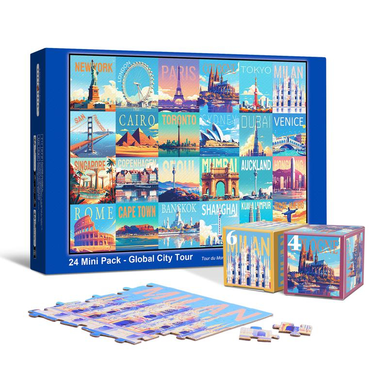 Travel Series, 24 Mini Pack 1000 Pieces Jigsaw Puzzle, 8 Puzzle Stickers, 3 Themes: National Parks, World Heritage, Global City Tour, Daily Puzzle, Family Game Night, Finished Size 27.5 x 19.7 in