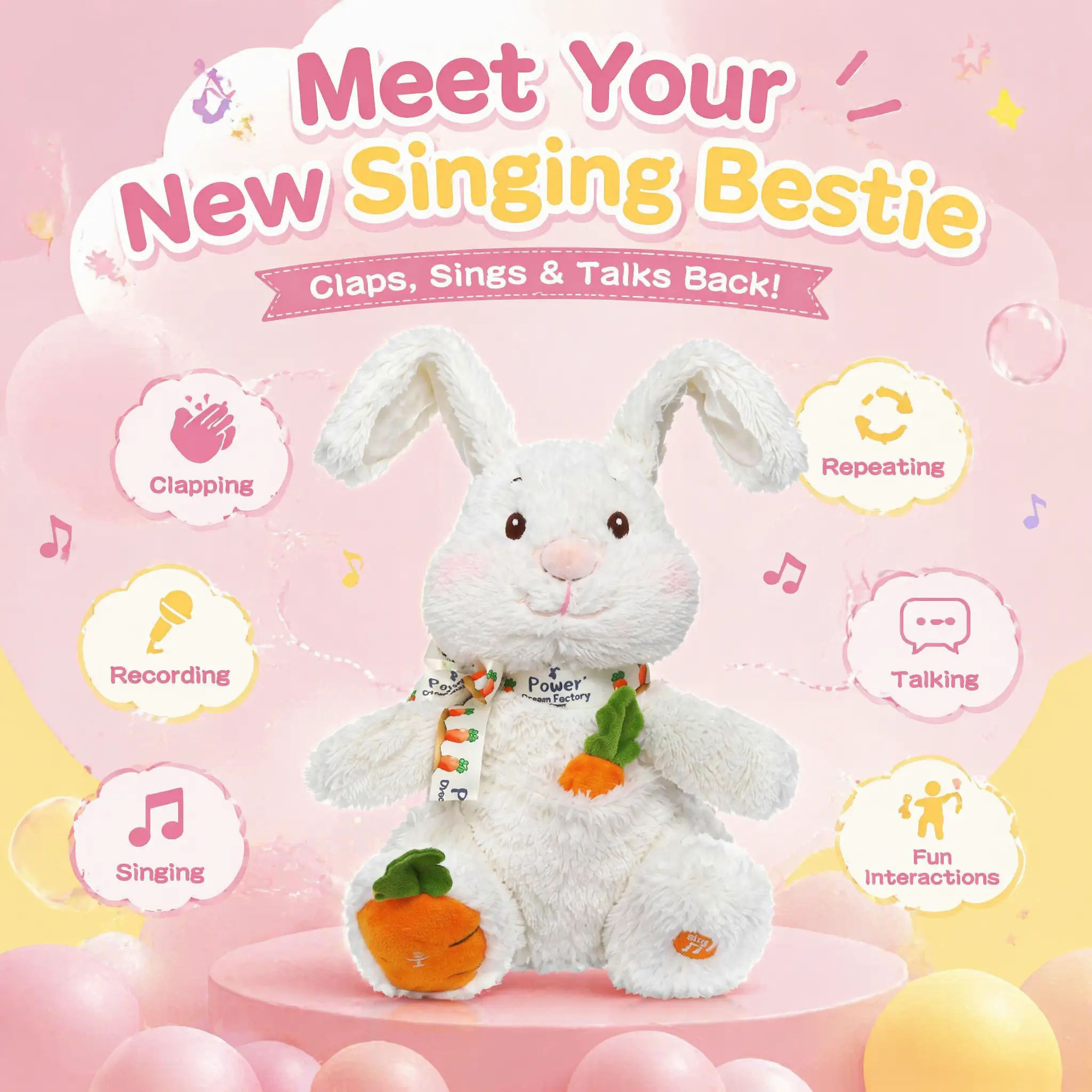 Clapping Bunny Toy, Singing Talking Voice Repeating Plush Toy, Interactive Early Educational Sensory Toy for Toddlers