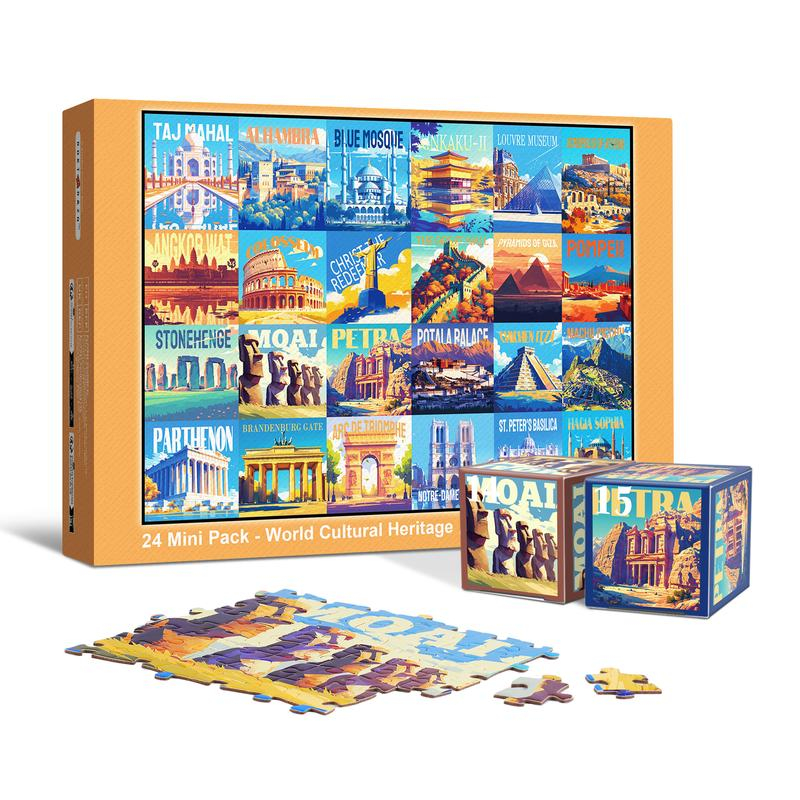 Travel Series, 24 Mini Pack 1000 Pieces Jigsaw Puzzle, 8 Puzzle Stickers, 3 Themes: National Parks, World Heritage, Global City Tour, Daily Puzzle, Family Game Night, Finished Size 27.5 x 19.7 in