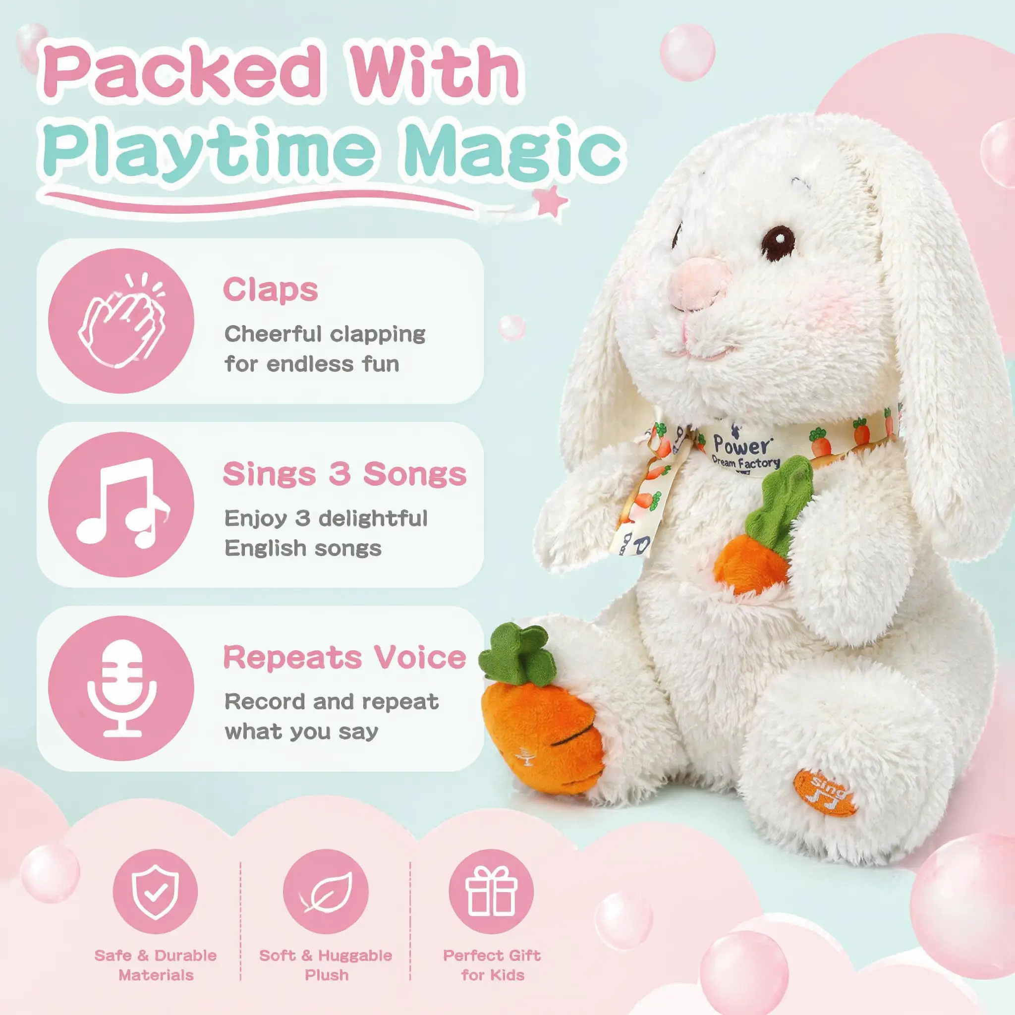 Clapping Bunny Toy, Singing Talking Voice Repeating Plush Toy, Interactive Early Educational Sensory Toy for Toddlers